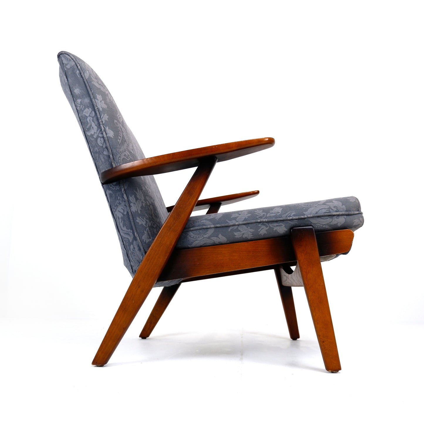Mid Century Parker Knoll Armchair Model PK737 in Teak with Blue Damask Fabric