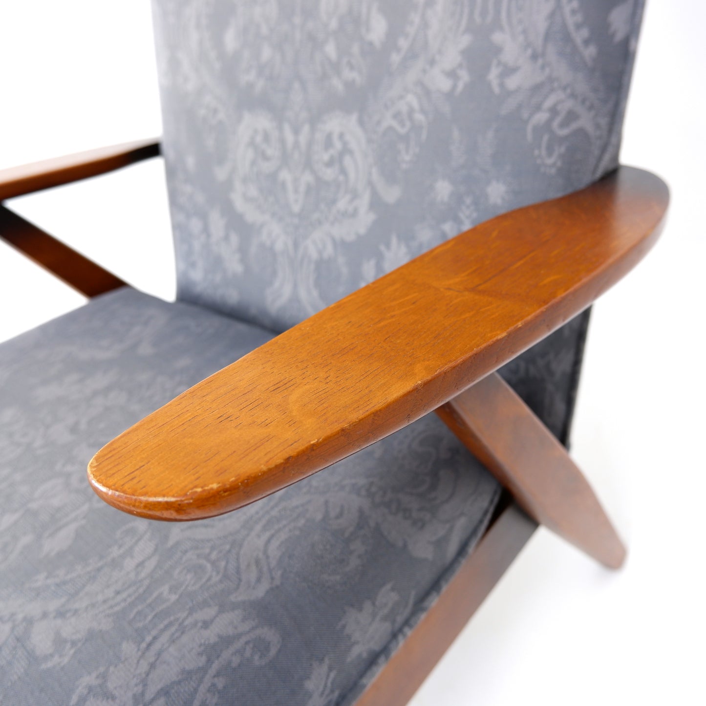 Mid Century Parker Knoll Armchair Model PK737 in Teak with Blue Damask Fabric
