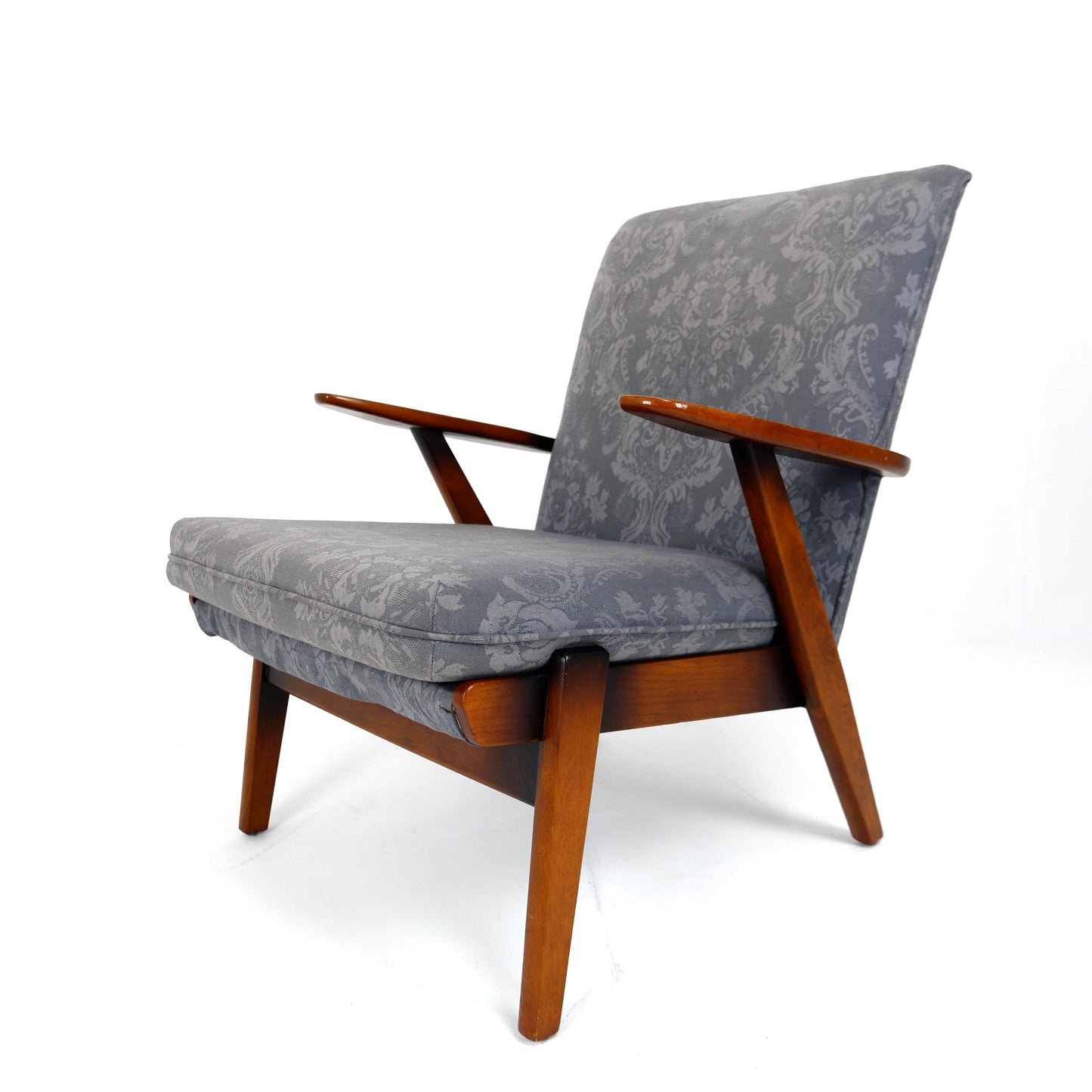 Mid Century Parker Knoll Armchair Model PK737 in Teak with Blue Damask Fabric