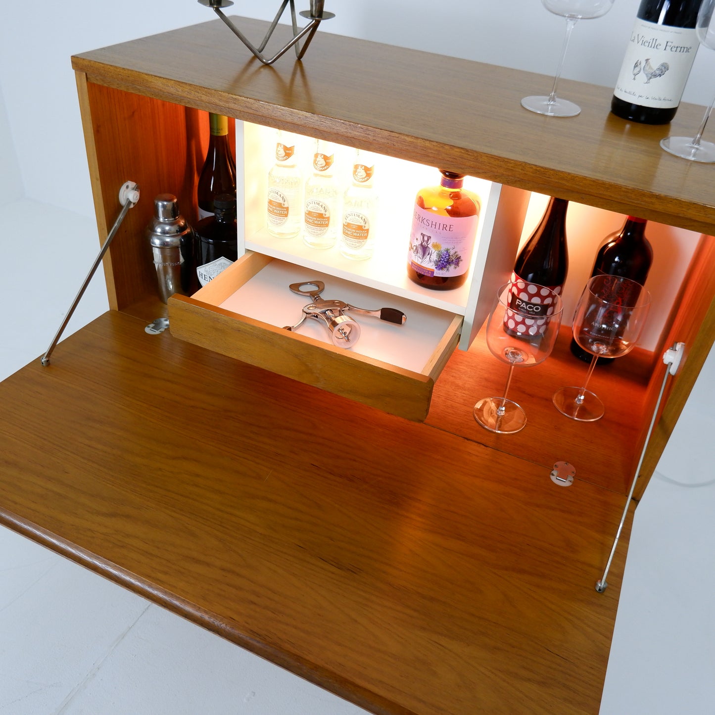 Mid Century Drinks Cabinet with Light in Teak by Beaver & Tapley - Hairpin Legs