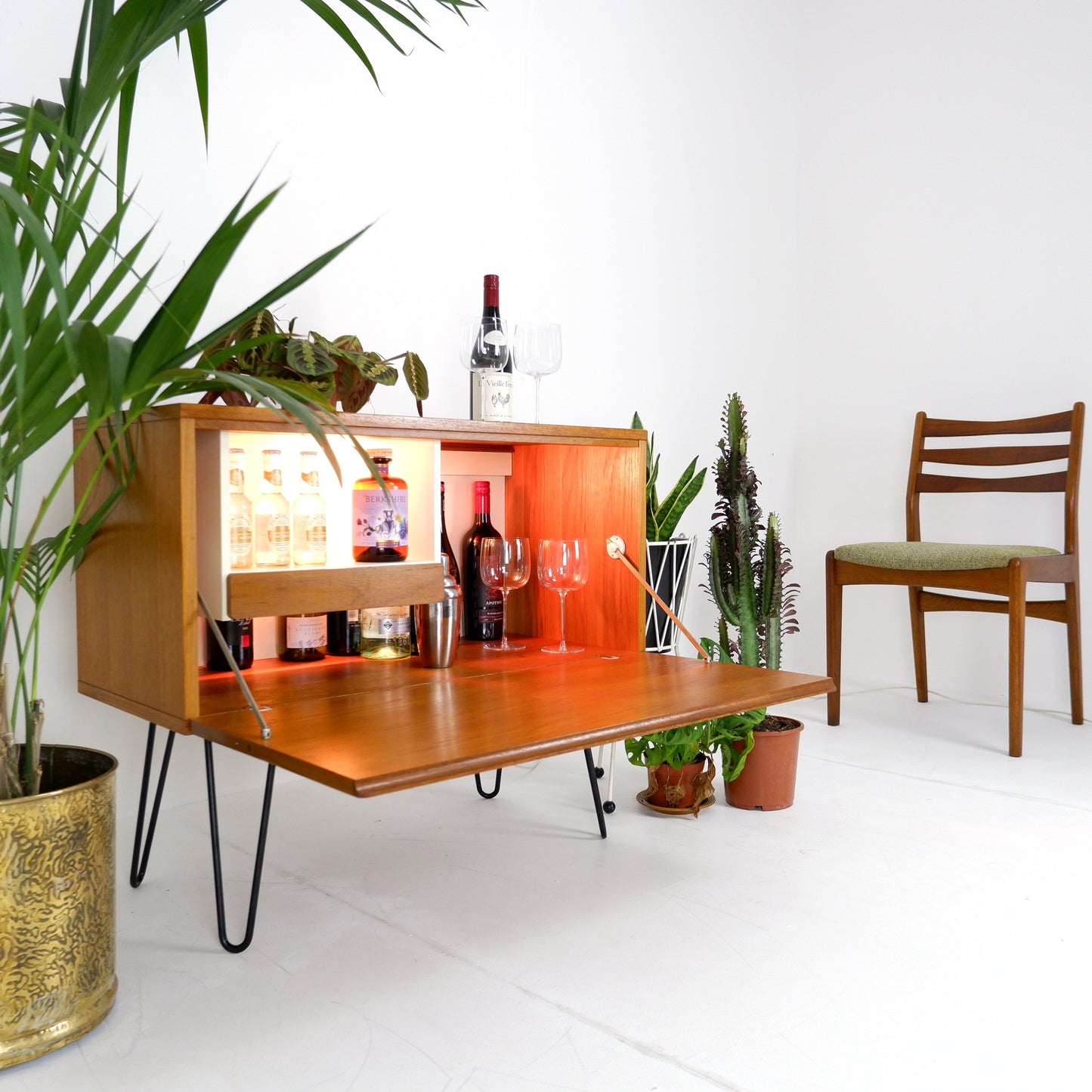 Mid Century Drinks Cabinet with Light in Teak by Beaver & Tapley - Hairpin Legs