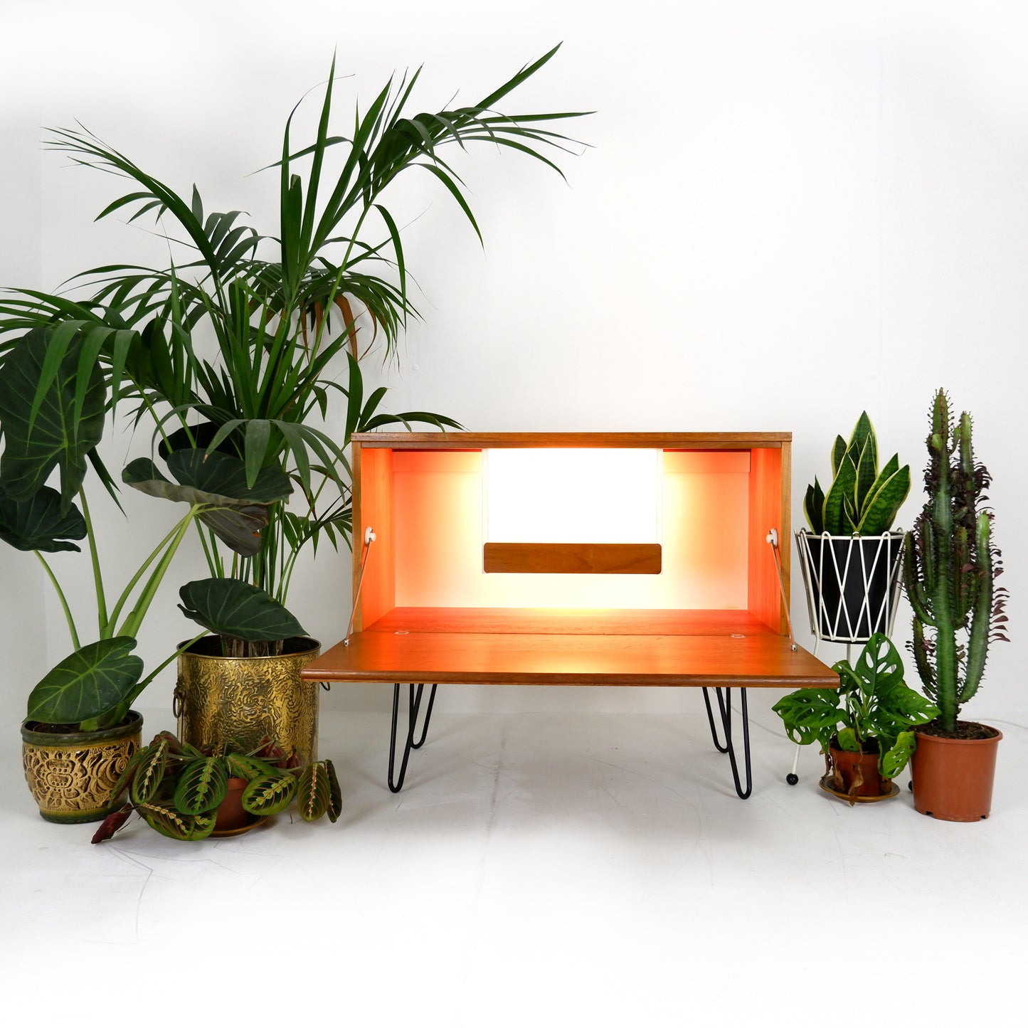 Mid Century Drinks Cabinet with Light in Teak by Beaver & Tapley - Hairpin Legs