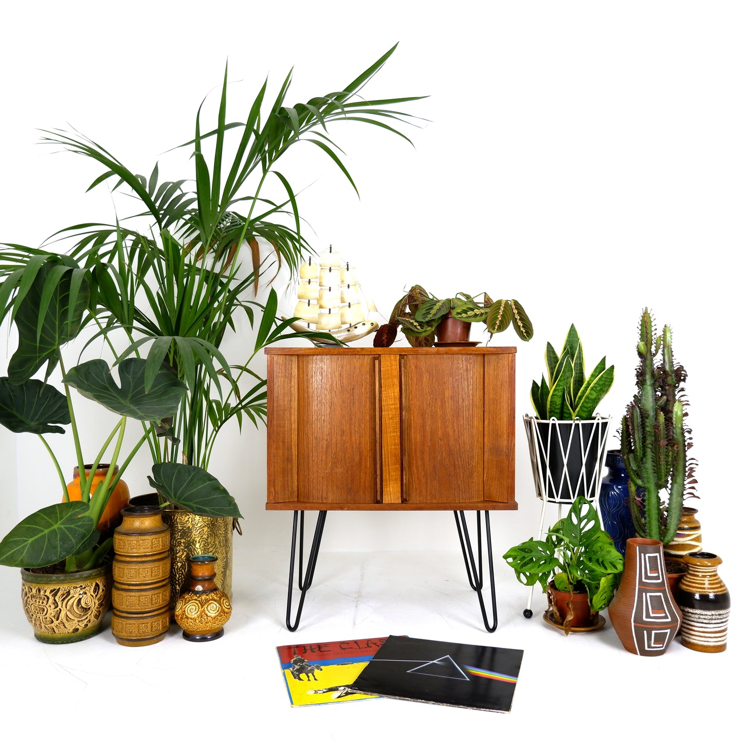 Mid Century Record Cabinet with TAMBOUR DOORS in Teak on Hairpin Legs