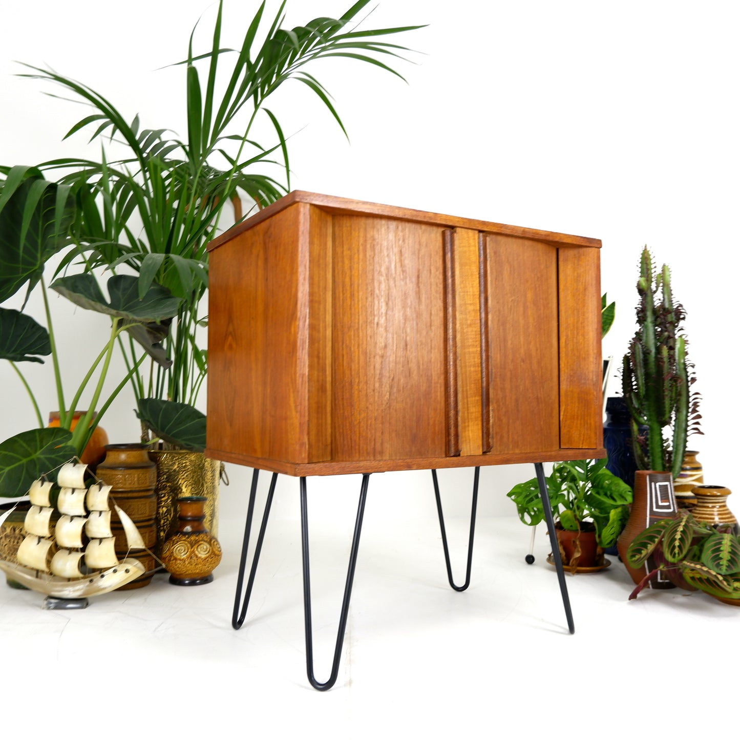 Mid Century Record Cabinet with TAMBOUR DOORS in Teak on Hairpin Legs
