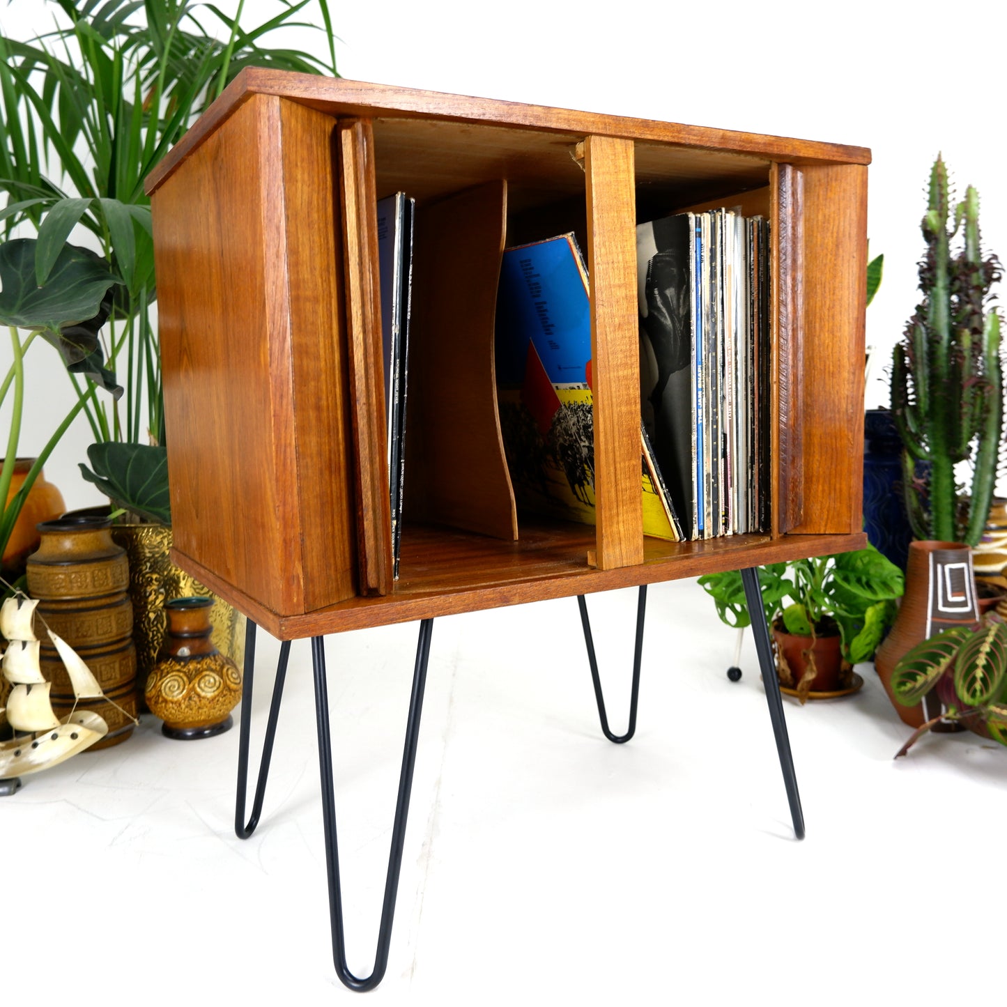 Mid Century Record Cabinet with TAMBOUR DOORS in Teak on Hairpin Legs