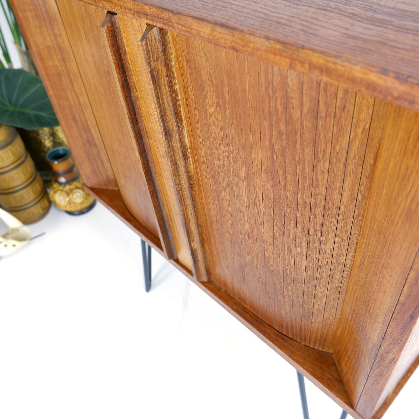 Mid Century Record Cabinet with TAMBOUR DOORS in Teak on Hairpin Legs