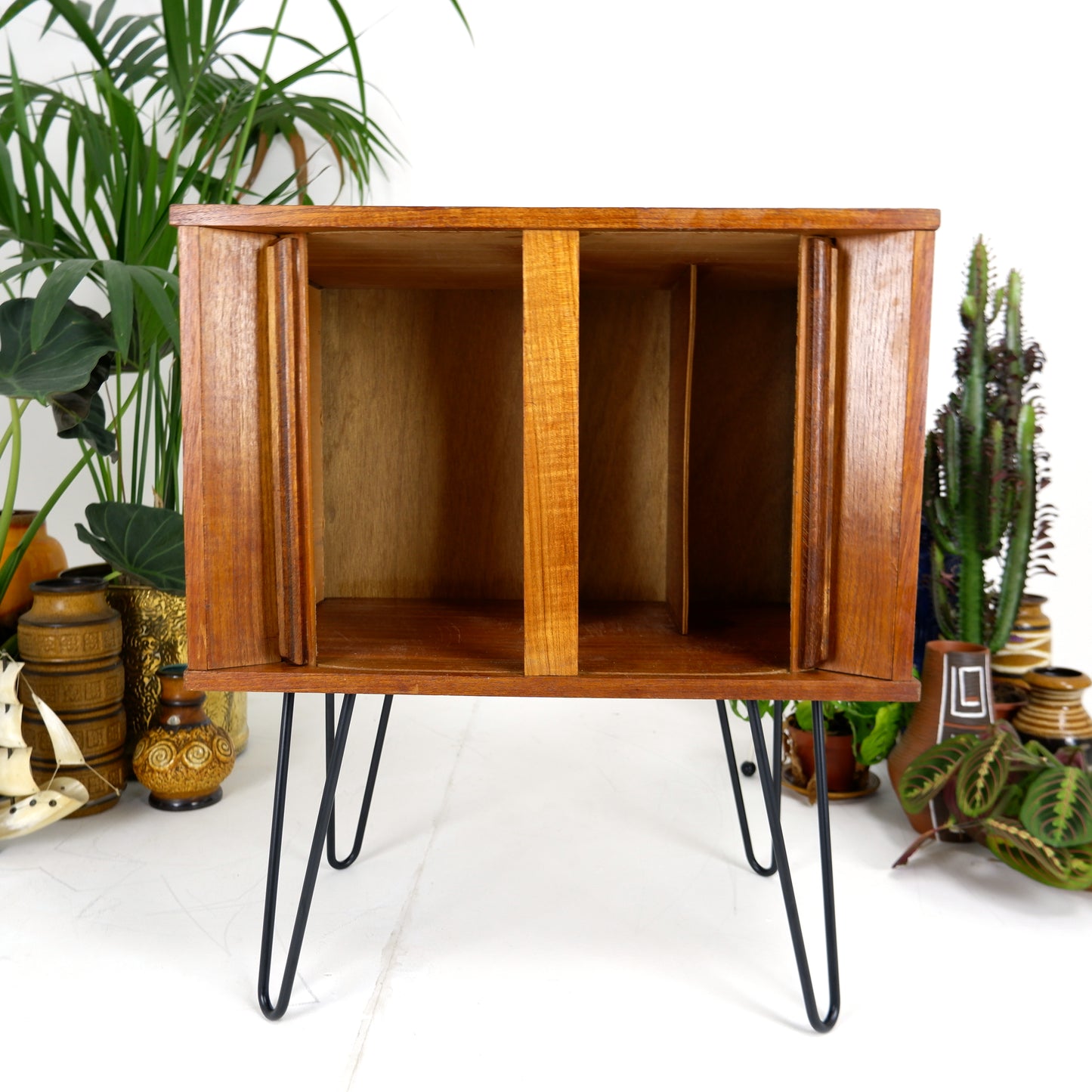 Mid Century Record Cabinet with TAMBOUR DOORS in Teak on Hairpin Legs