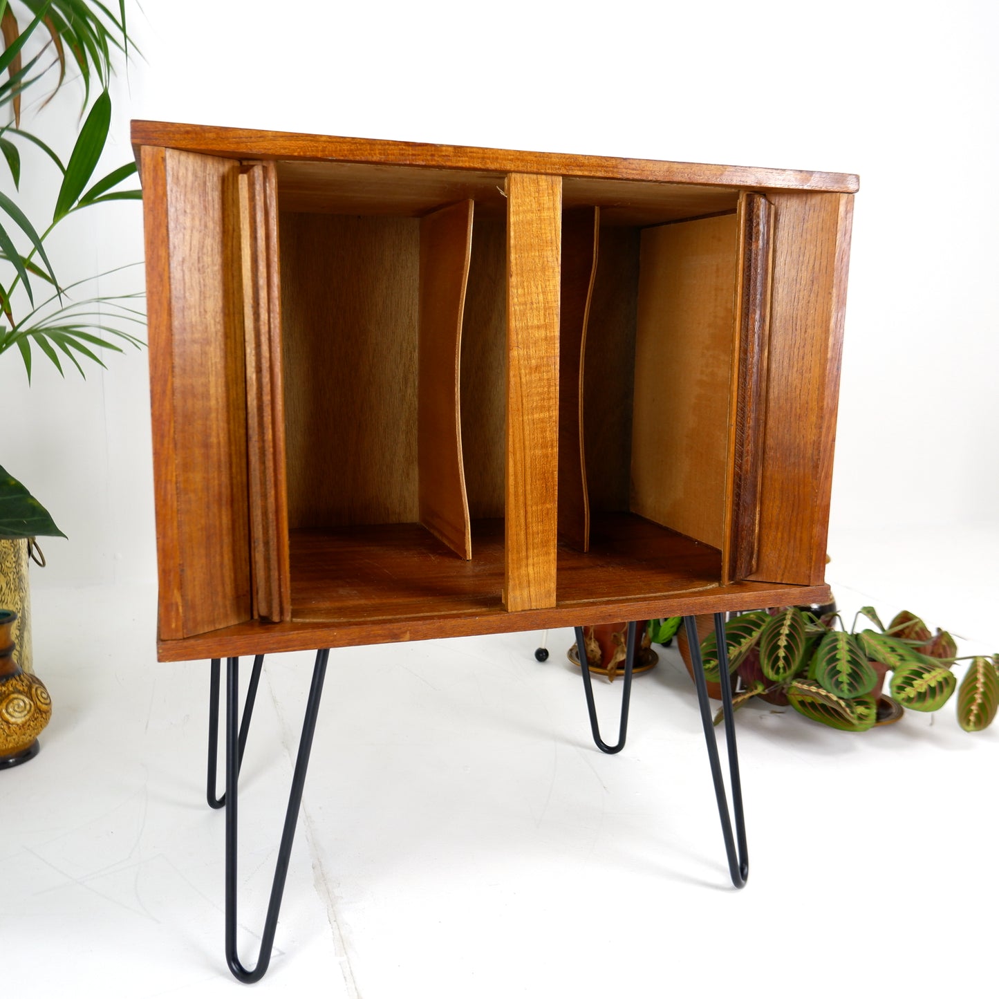 Mid Century Record Cabinet with TAMBOUR DOORS in Teak on Hairpin Legs