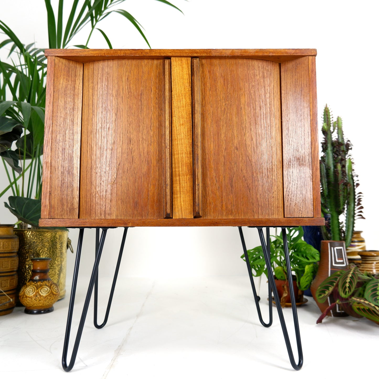 Mid Century Record Cabinet with TAMBOUR DOORS in Teak on Hairpin Legs