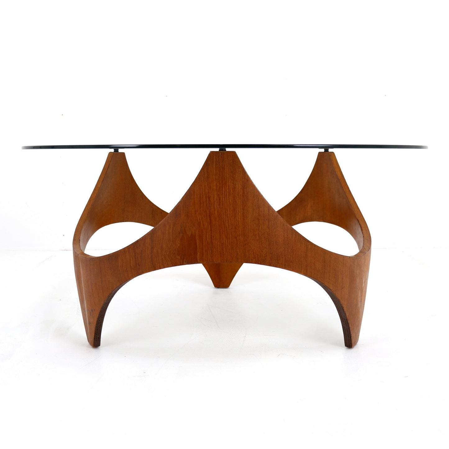 Mid Century Henry P. Glass Biomorphic Coffee Table - Circular Bent Ply/Teak and Glass