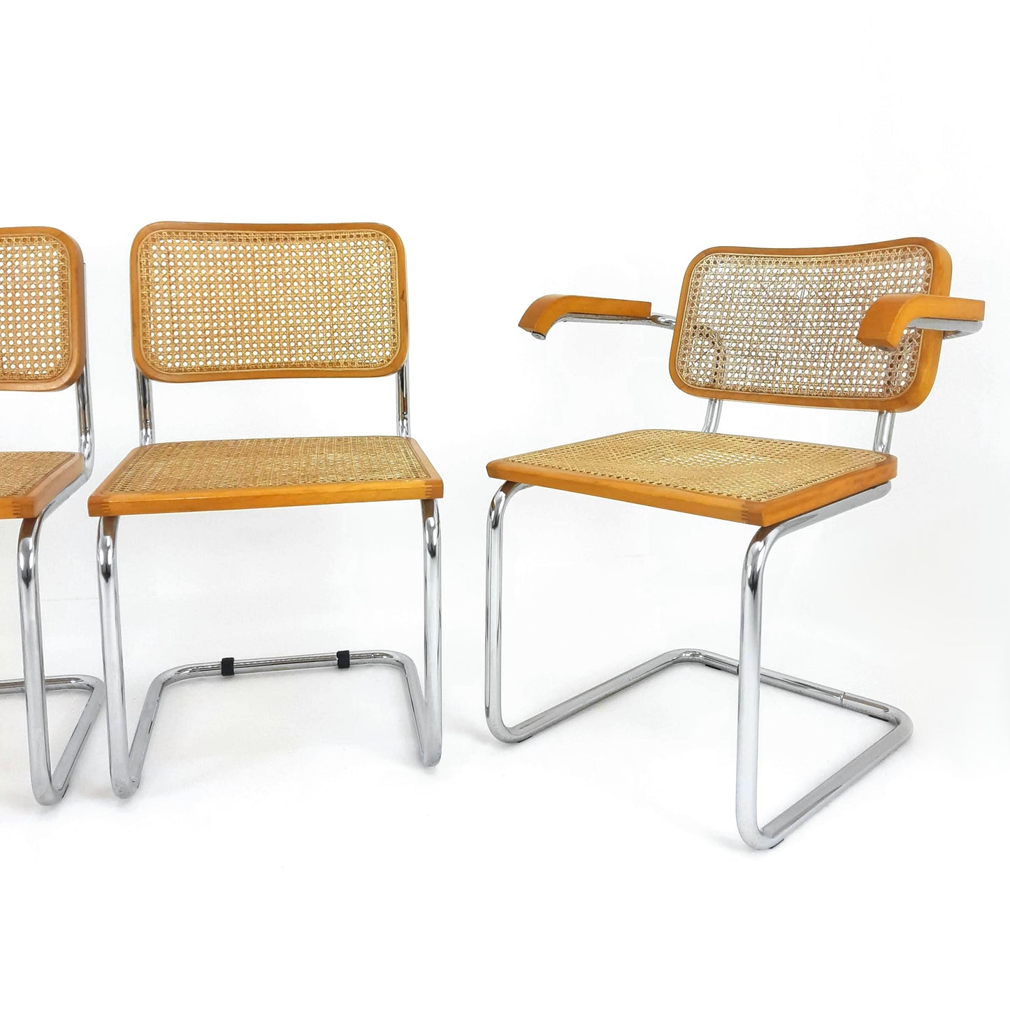 Marcel Breuer Cesca Style Cantilevered Chairs x4 - Rattan and Tubular Steel - Mid Century