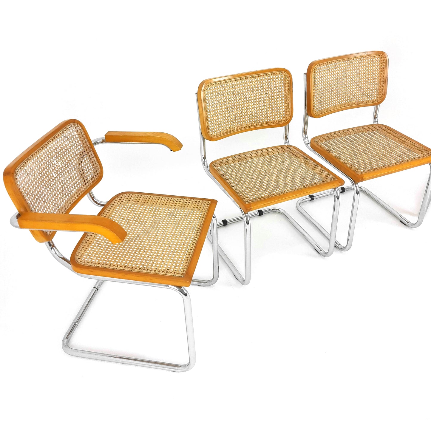 Marcel Breuer Cesca Style Cantilevered Chairs x4 - Rattan and Tubular Steel - Mid Century