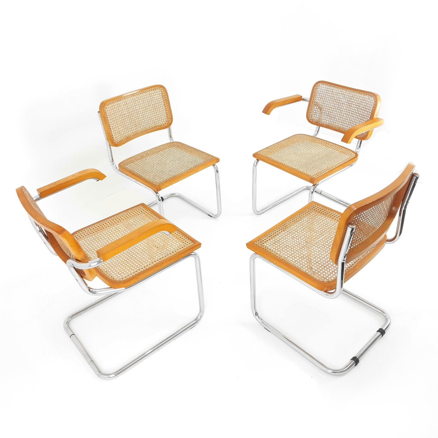 Marcel Breuer Cesca Style Cantilevered Chairs x4 - Rattan and Tubular Steel - Mid Century