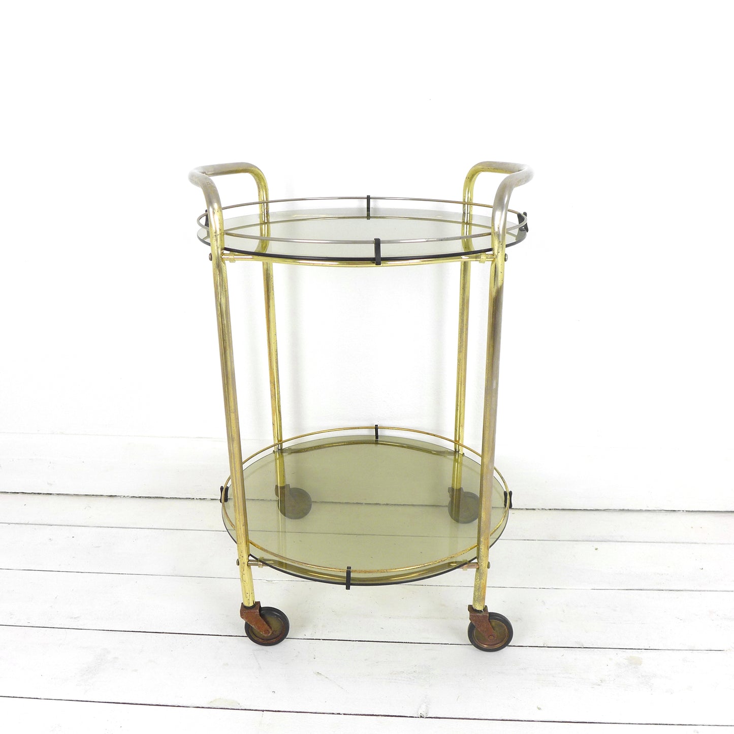 Mid Century Drinks Trolley - Circular Brass and Glass Cart