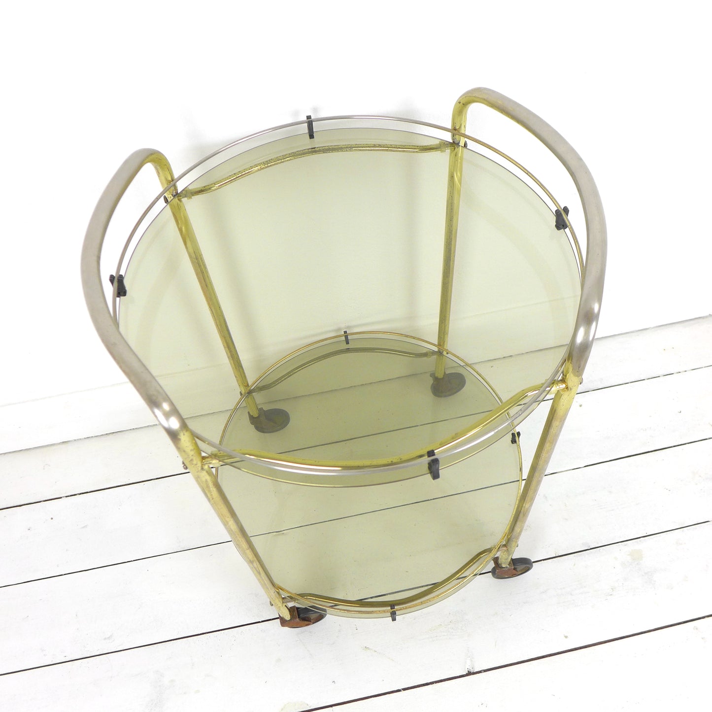 Mid Century Drinks Trolley - Circular Brass and Glass Cart
