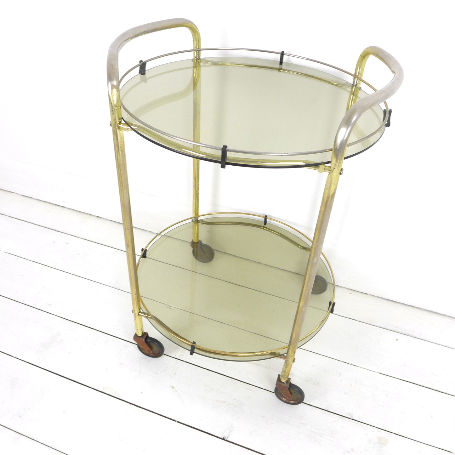 Mid Century Drinks Trolley - Circular Brass and Glass Cart