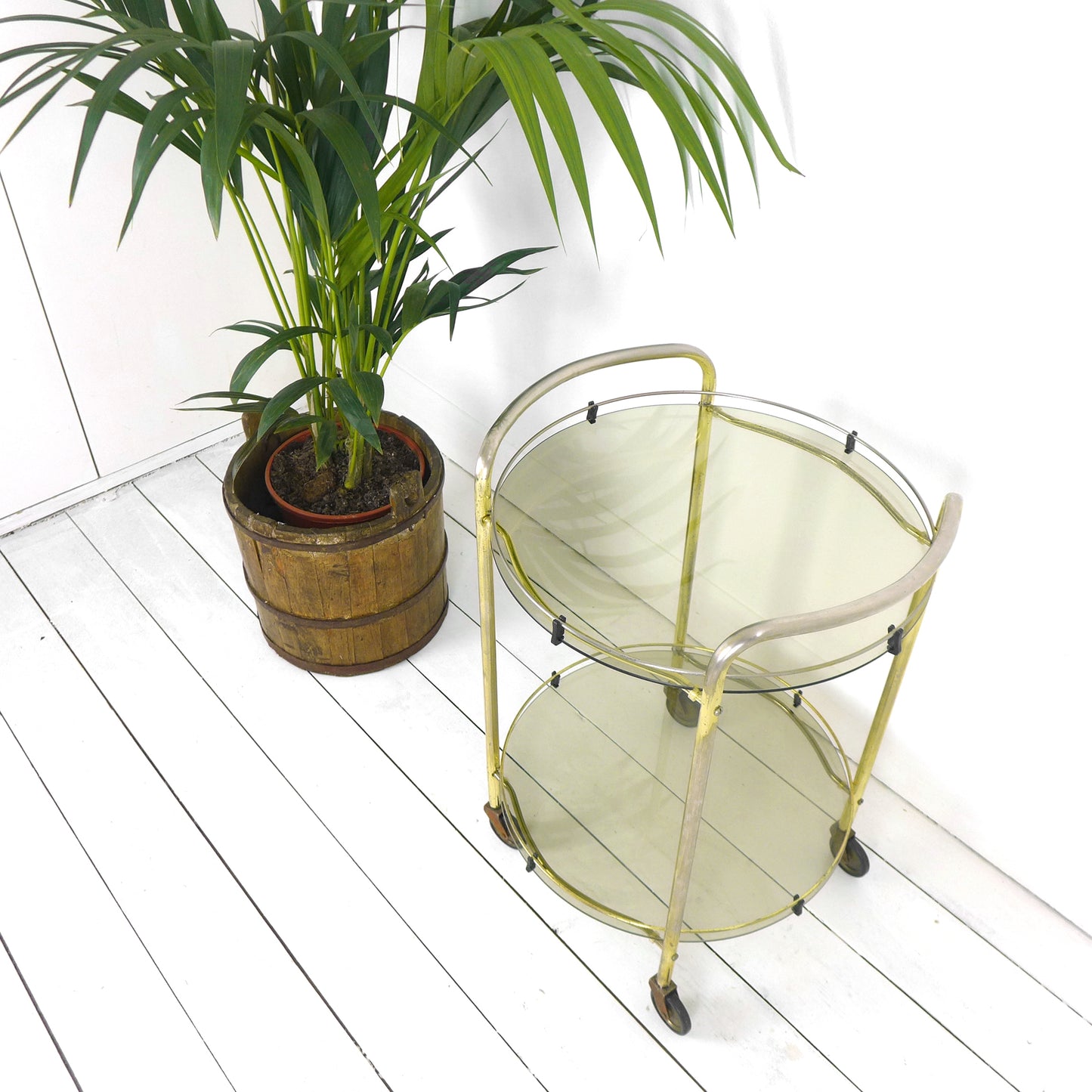 Mid Century Drinks Trolley - Circular Brass and Glass Cart