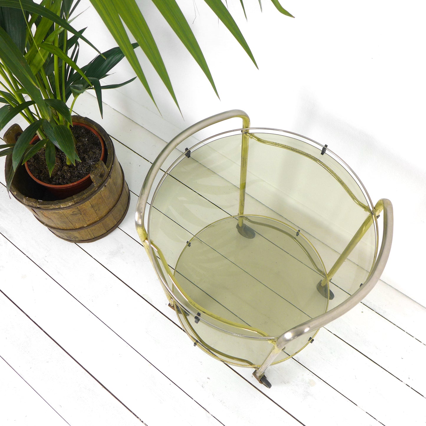 Mid Century Drinks Trolley - Circular Brass and Glass Cart