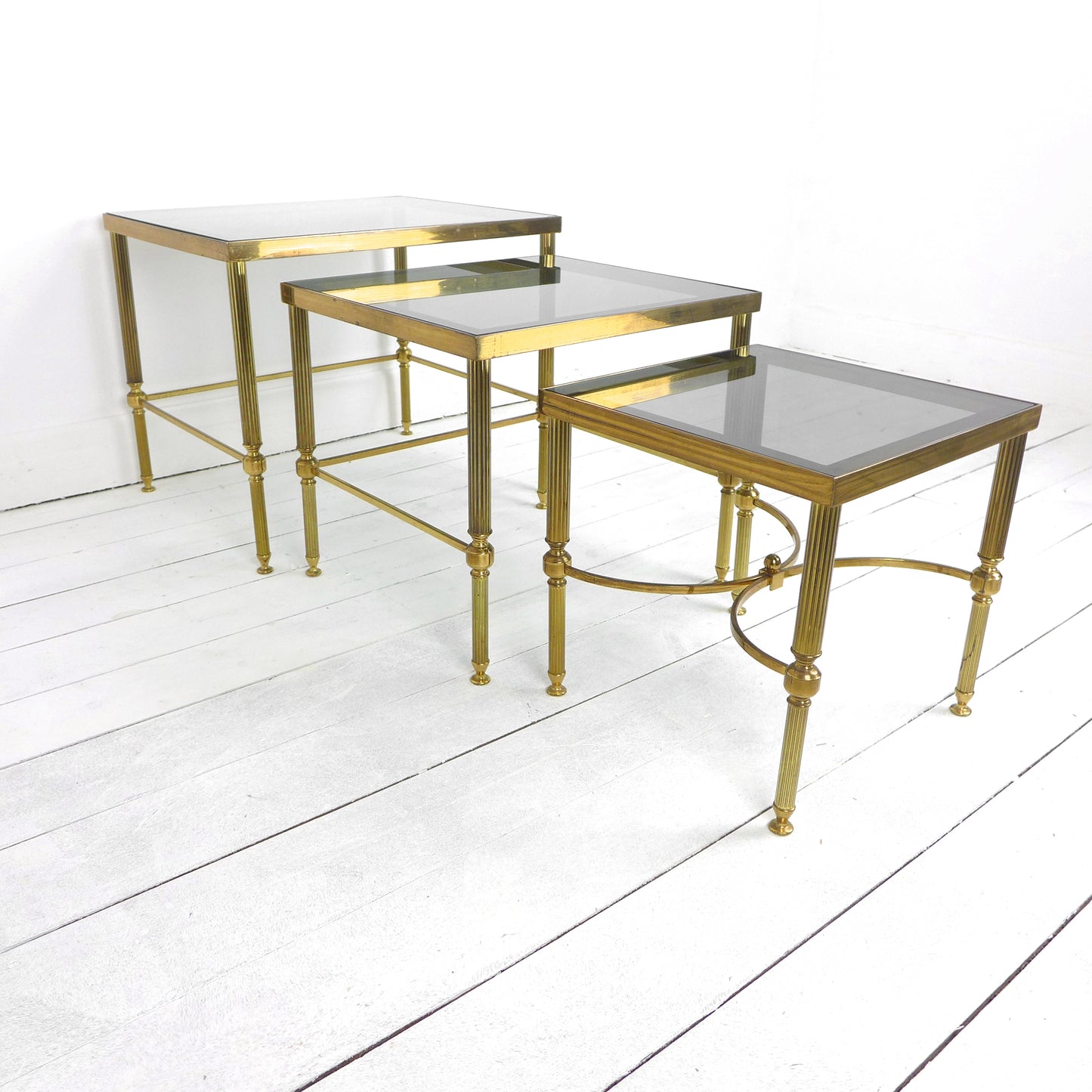 Mid Century Brass & Glass Nest of Tables by Maison Jansen