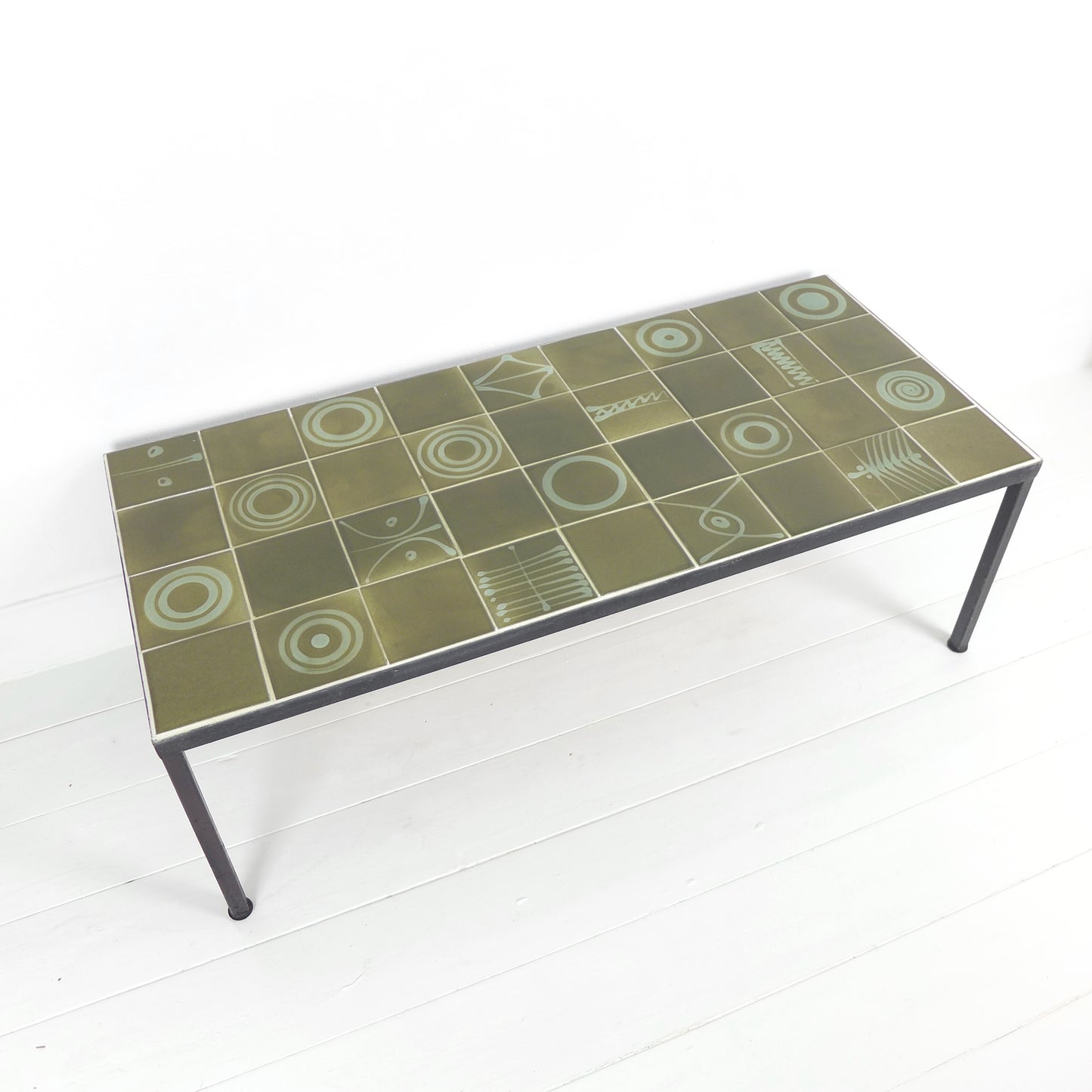 Mid Century Tile Top Coffee Table - Green Geometric Abstract Designs