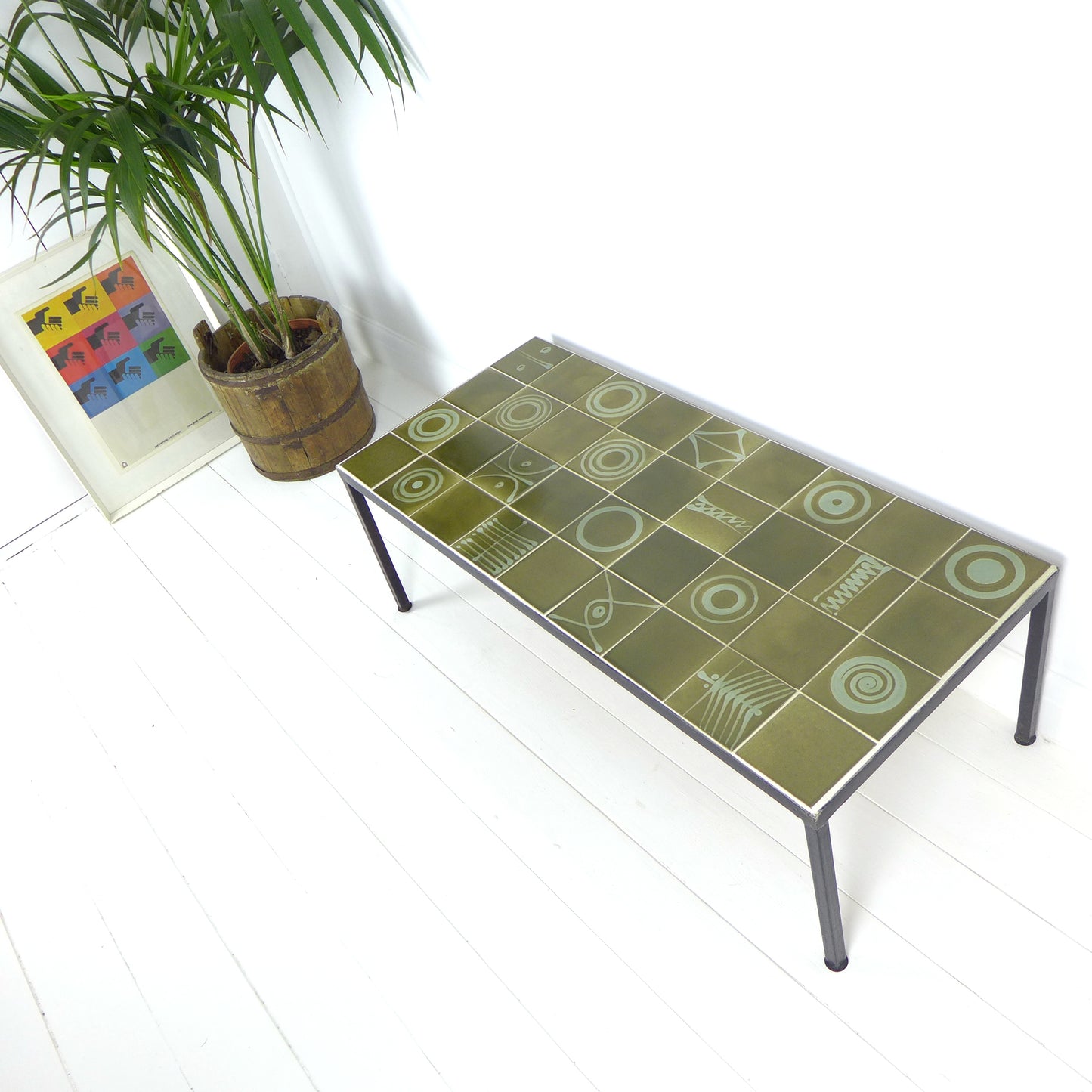 Mid Century Tile Top Coffee Table - Green Geometric Abstract Designs