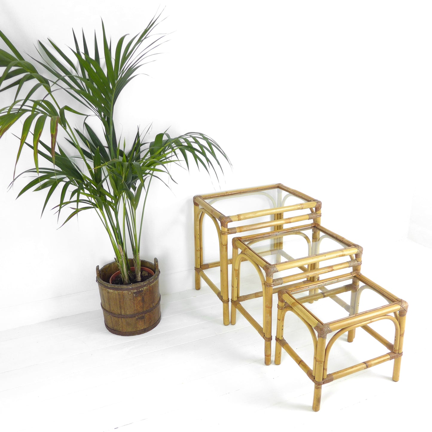 Mid Century Bamboo & Glass Nest of Tables / Coffee Table by Angraves