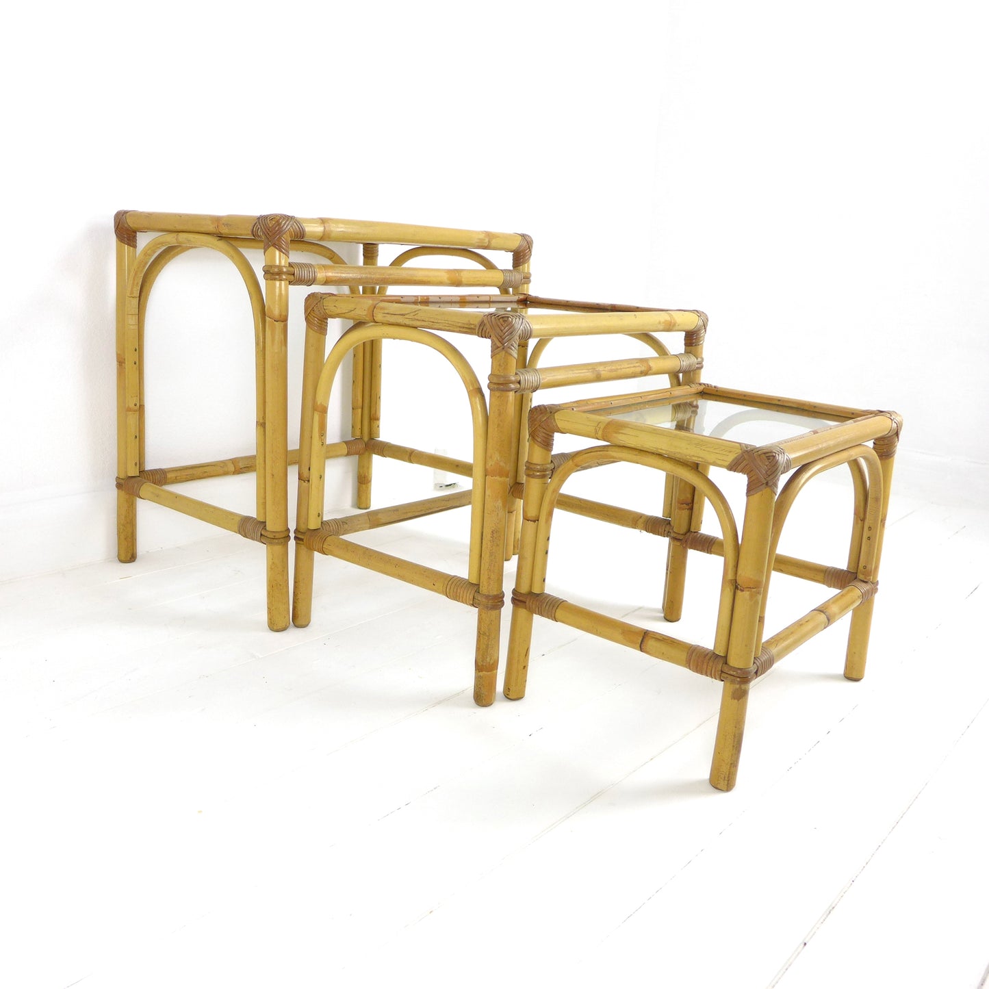 Mid Century Bamboo & Glass Nest of Tables / Coffee Table by Angraves