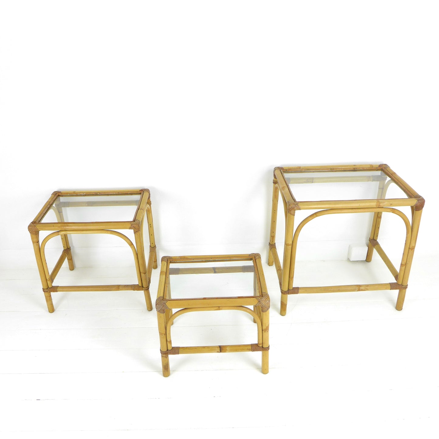 Mid Century Bamboo & Glass Nest of Tables / Coffee Table by Angraves