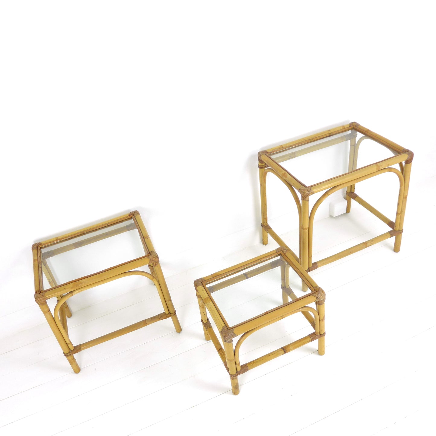 Mid Century Bamboo & Glass Nest of Tables / Coffee Table by Angraves