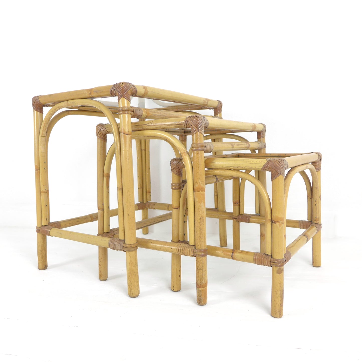 Mid Century Bamboo & Glass Nest of Tables / Coffee Table by Angraves