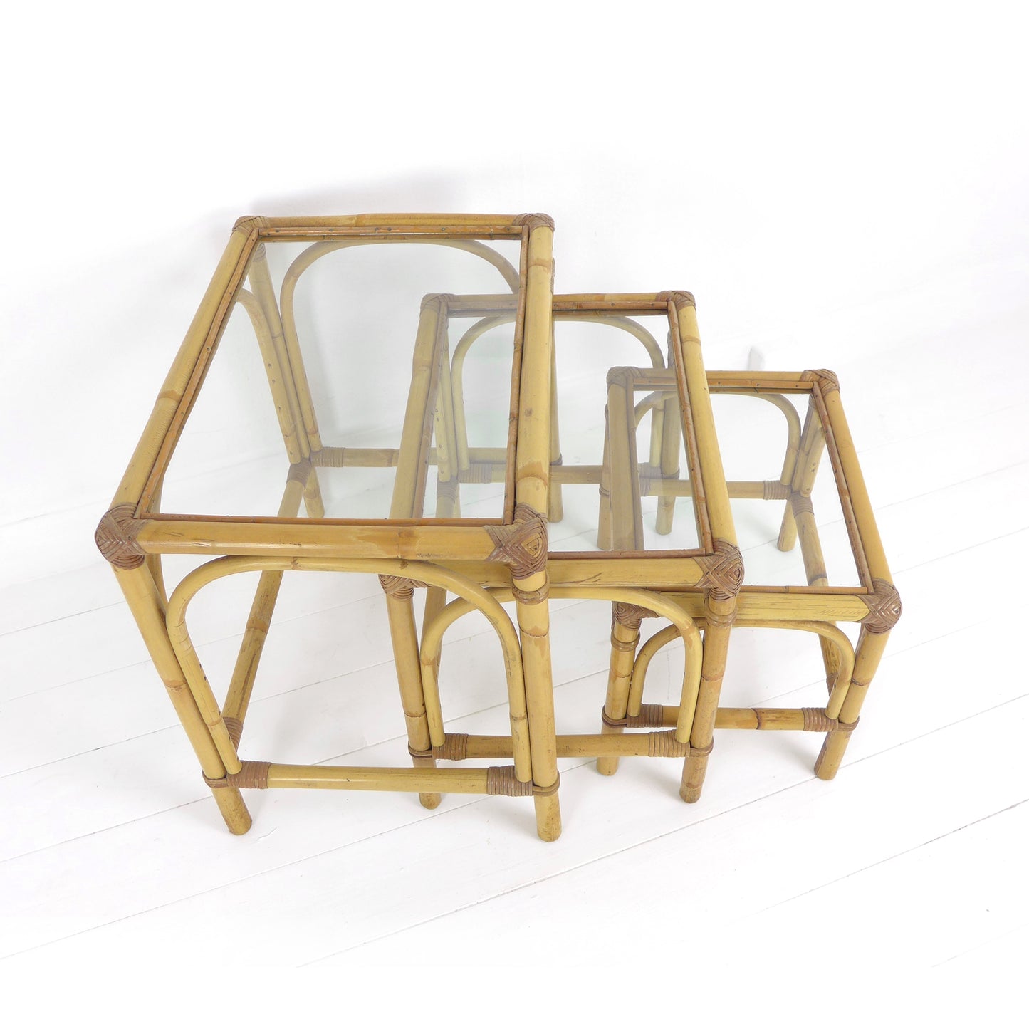 Mid Century Bamboo & Glass Nest of Tables / Coffee Table by Angraves