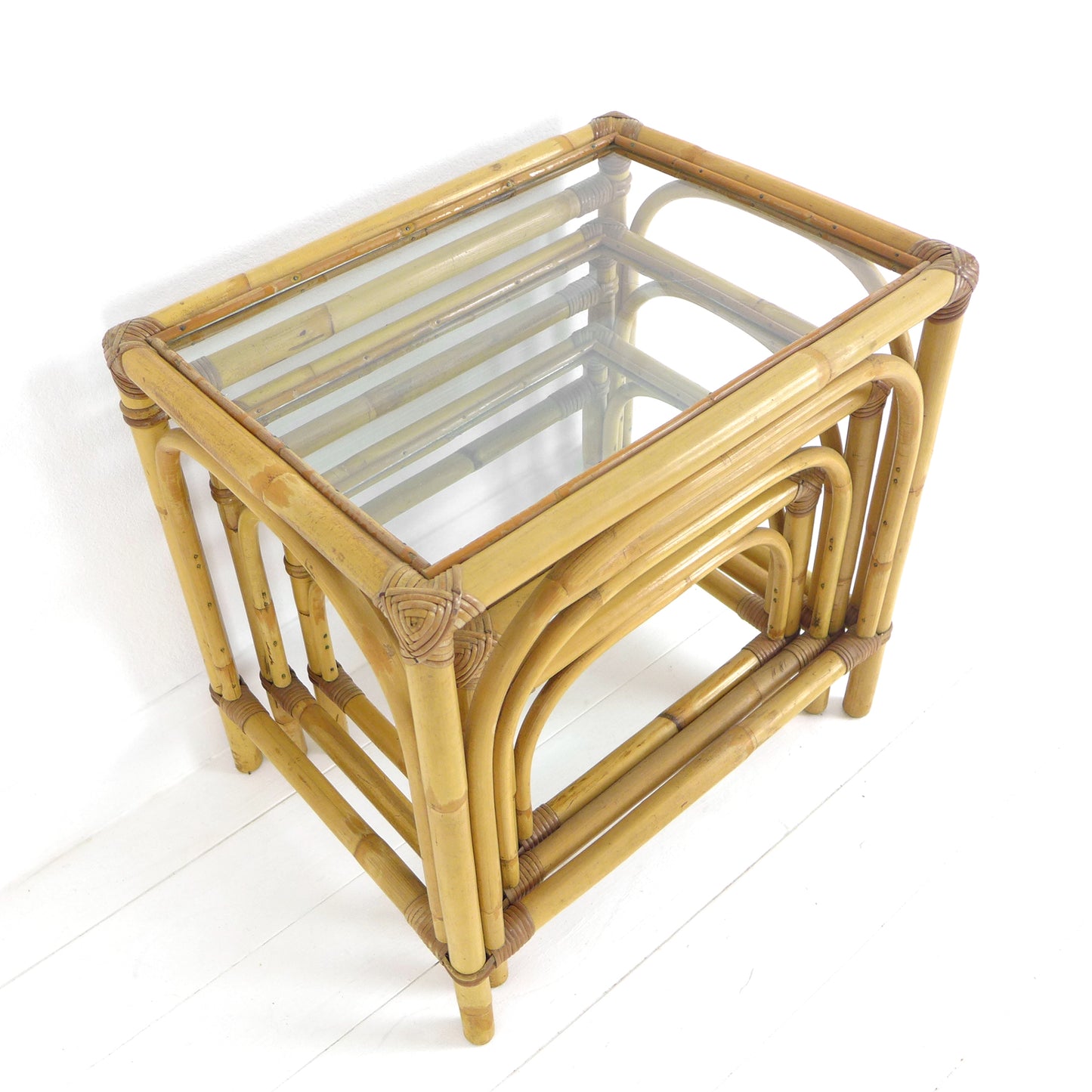 Mid Century Bamboo & Glass Nest of Tables / Coffee Table by Angraves