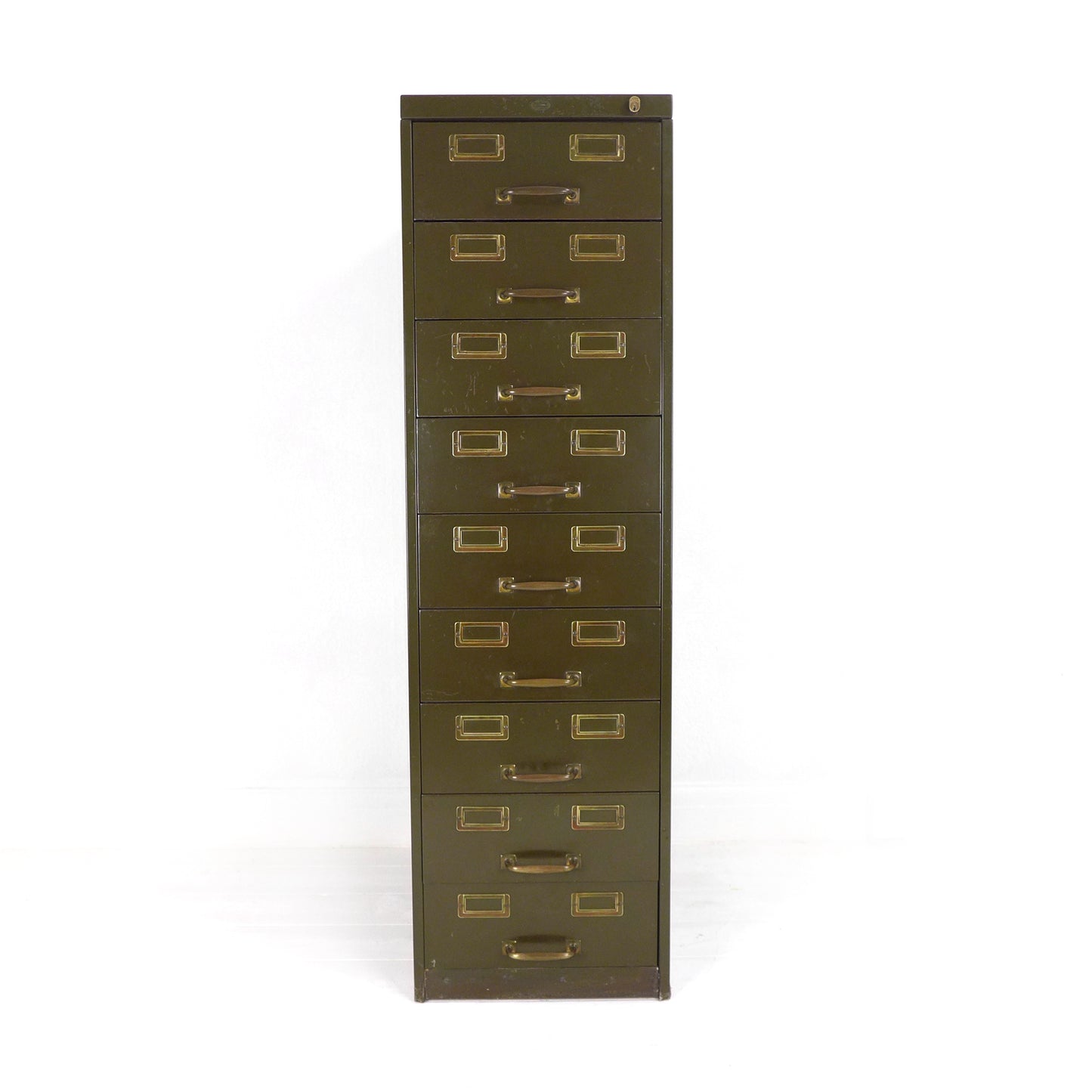 Vintage Metal Filing Cabinet by Artmetal - Brass Fittings - Industrial 9 Narrow Drawers in Green