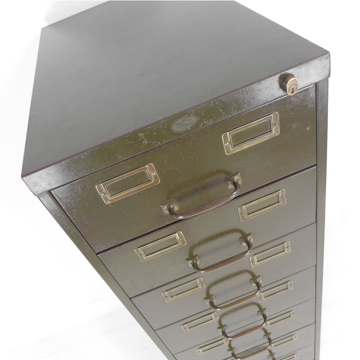 Vintage Metal Filing Cabinet by Artmetal - Brass Fittings - Industrial 9 Narrow Drawers in Green