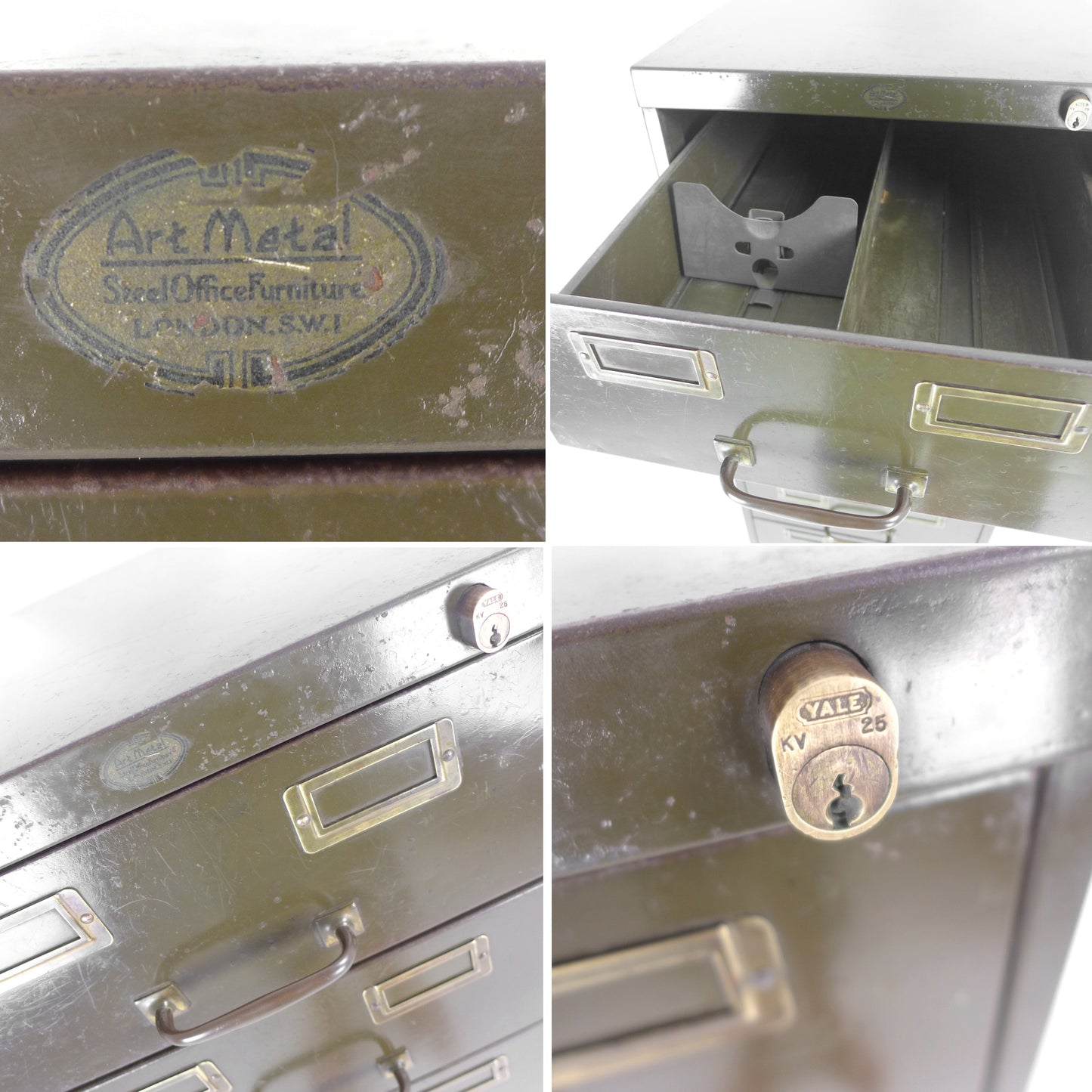 Vintage Metal Filing Cabinet by Artmetal - Brass Fittings - Industrial 9 Narrow Drawers in Green