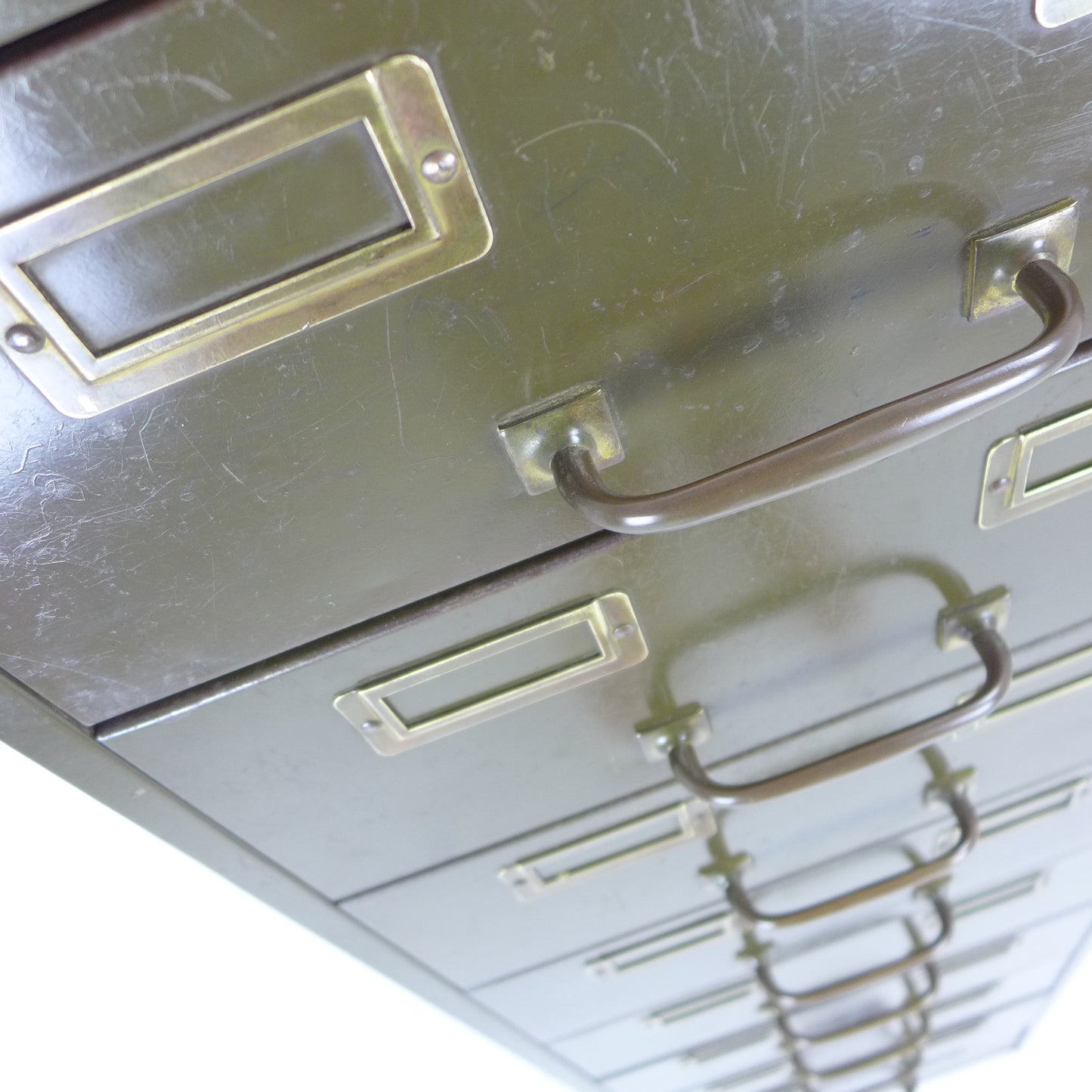 Vintage Metal Filing Cabinet by Artmetal - Brass Fittings - Industrial 9 Narrow Drawers in Green