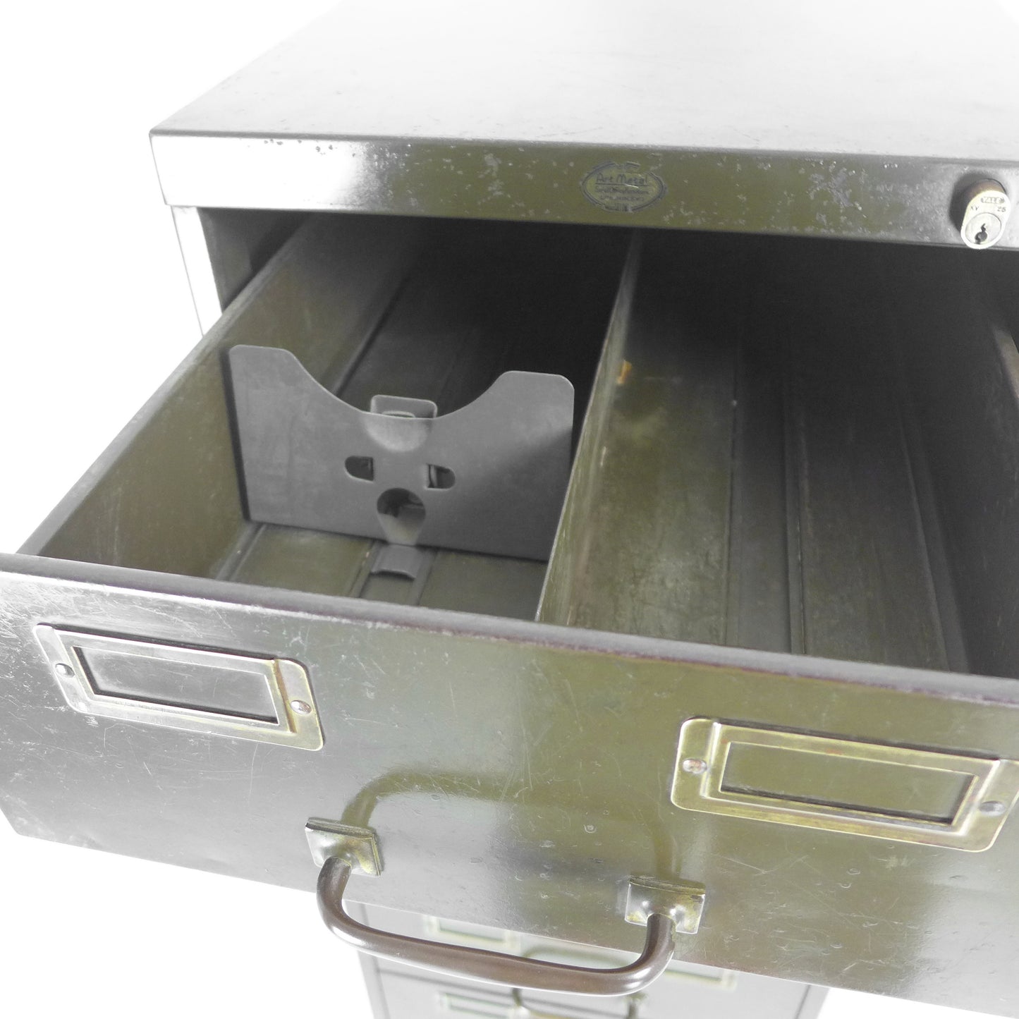 Vintage Metal Filing Cabinet by Artmetal - Brass Fittings - Industrial 9 Narrow Drawers in Green
