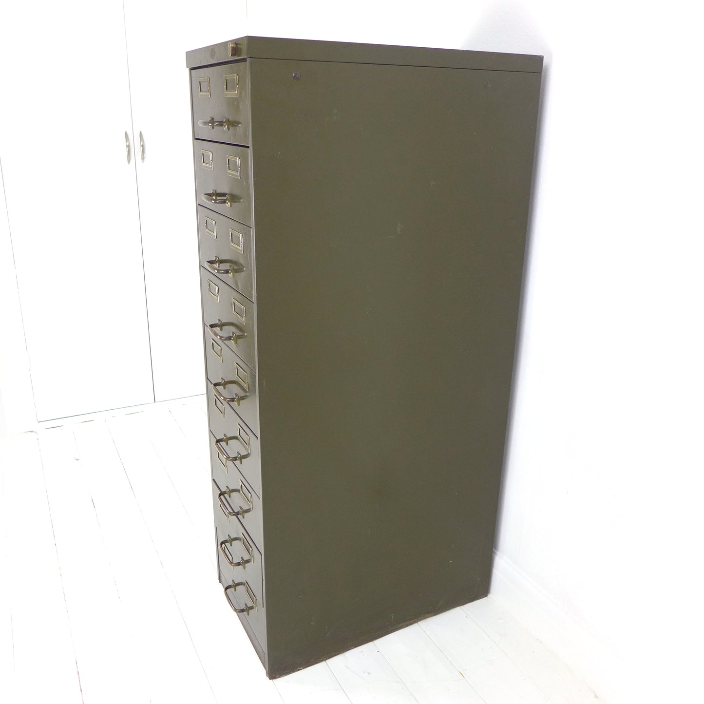 Vintage Metal Filing Cabinet by Artmetal - Brass Fittings - Industrial 9 Narrow Drawers in Green