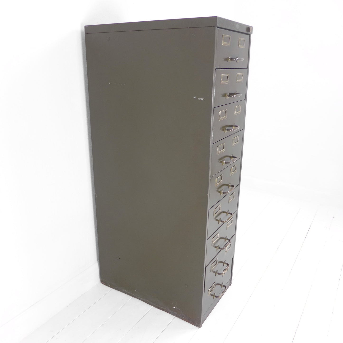 Vintage Metal Filing Cabinet by Artmetal - Brass Fittings - Industrial 9 Narrow Drawers in Green