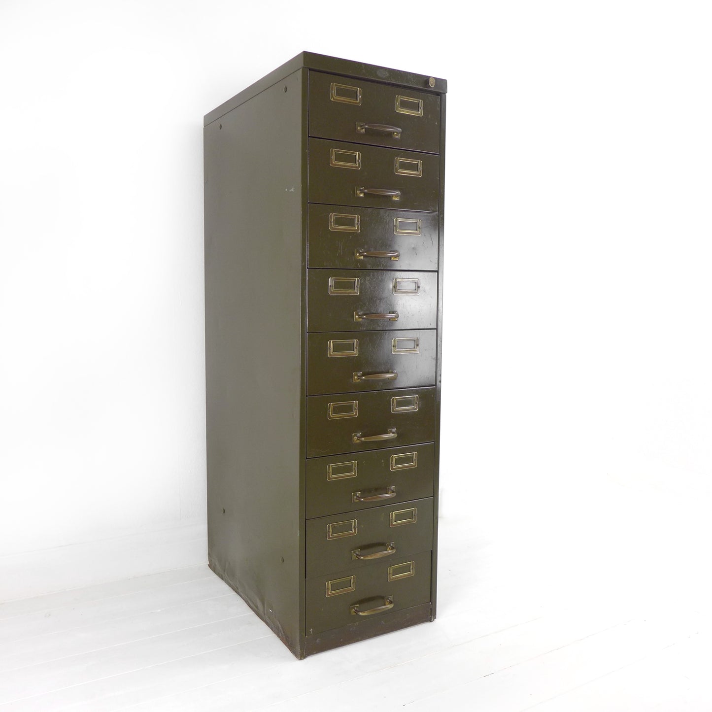 Vintage Metal Filing Cabinet by Artmetal - Brass Fittings - Industrial 9 Narrow Drawers in Green