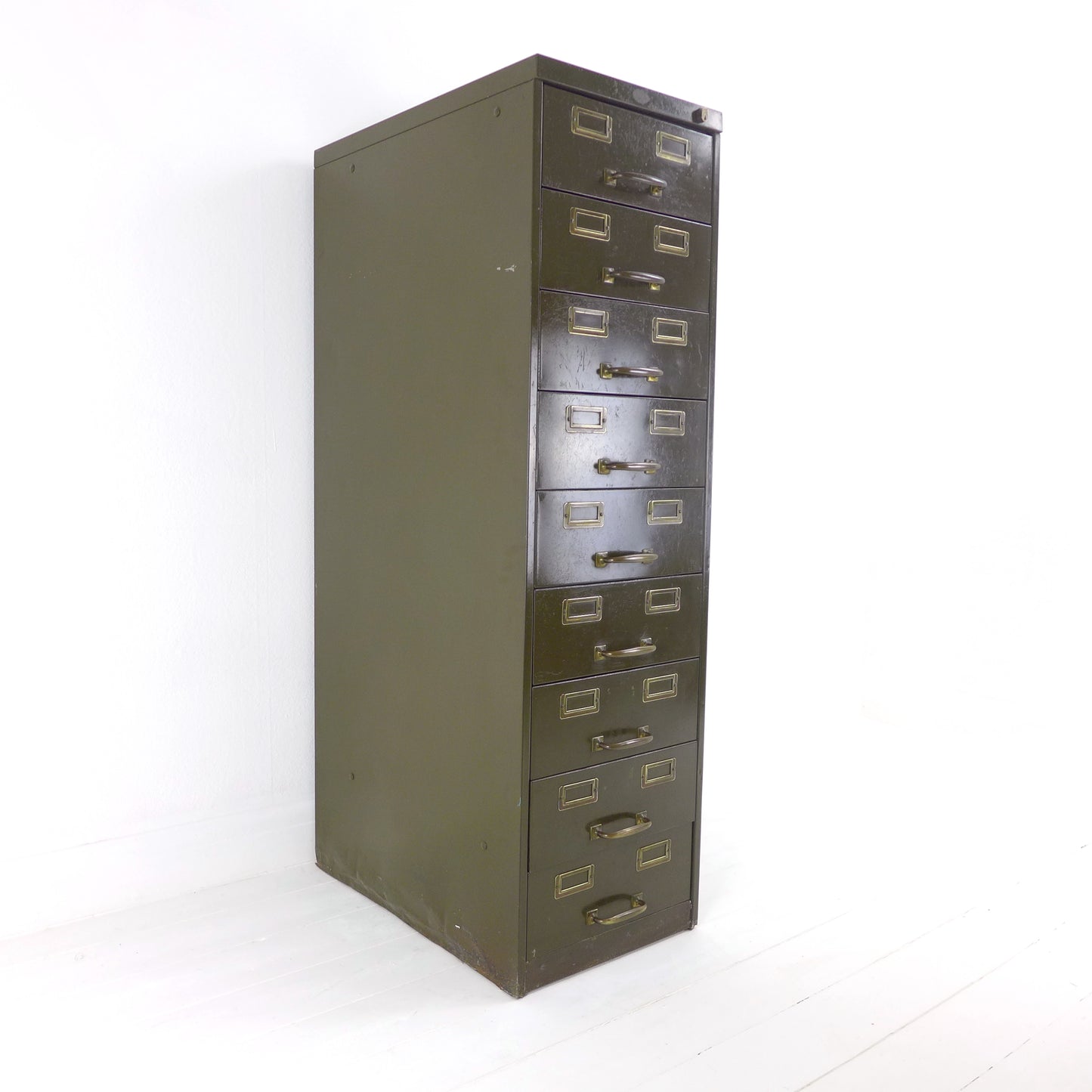 Vintage Metal Filing Cabinet by Artmetal - Brass Fittings - Industrial 9 Narrow Drawers in Green