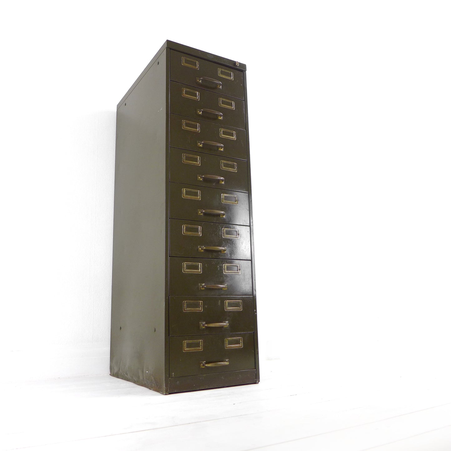 Vintage Metal Filing Cabinet by Artmetal - Brass Fittings - Industrial 9 Narrow Drawers in Green