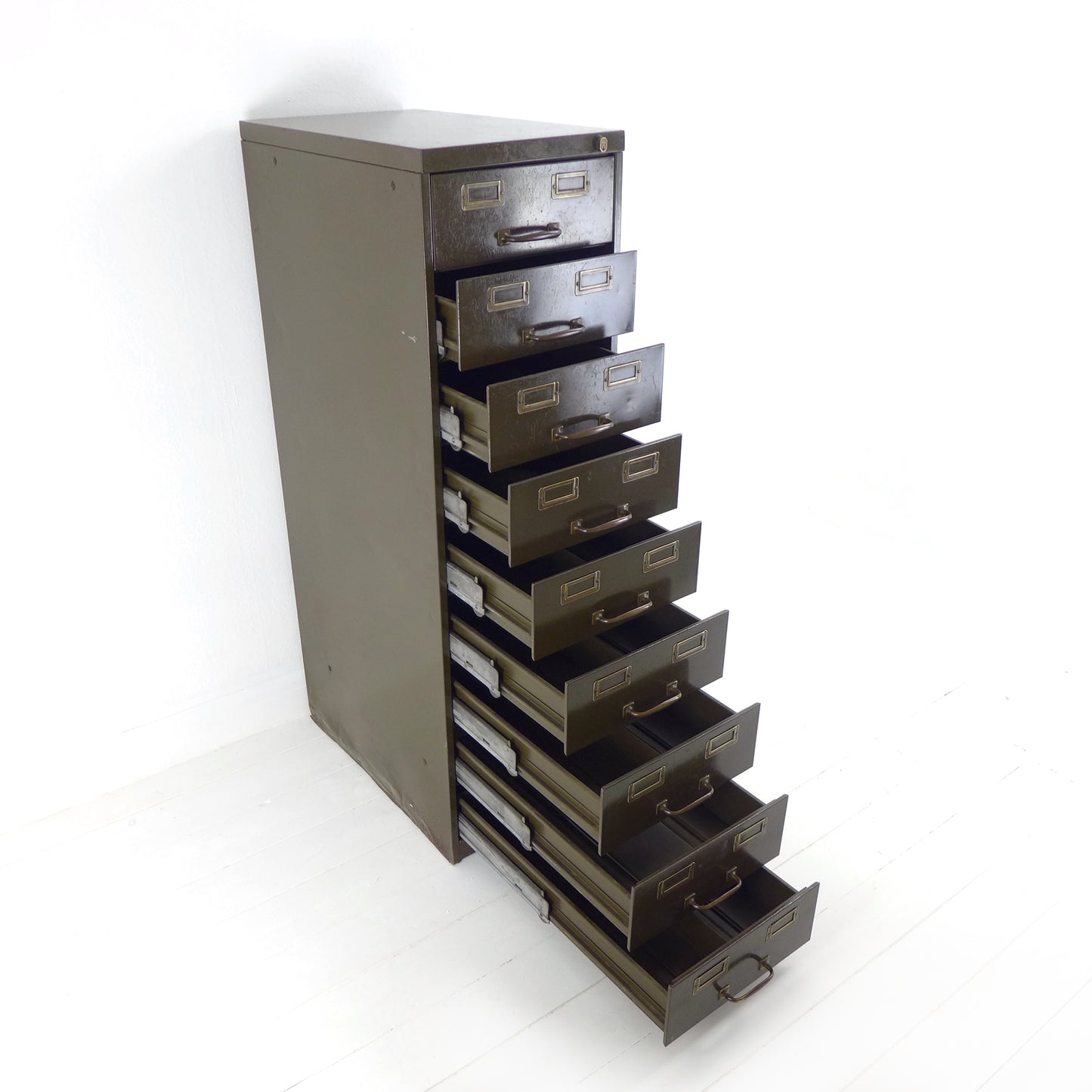 Vintage Metal Filing Cabinet by Artmetal - Brass Fittings - Industrial 9 Narrow Drawers in Green