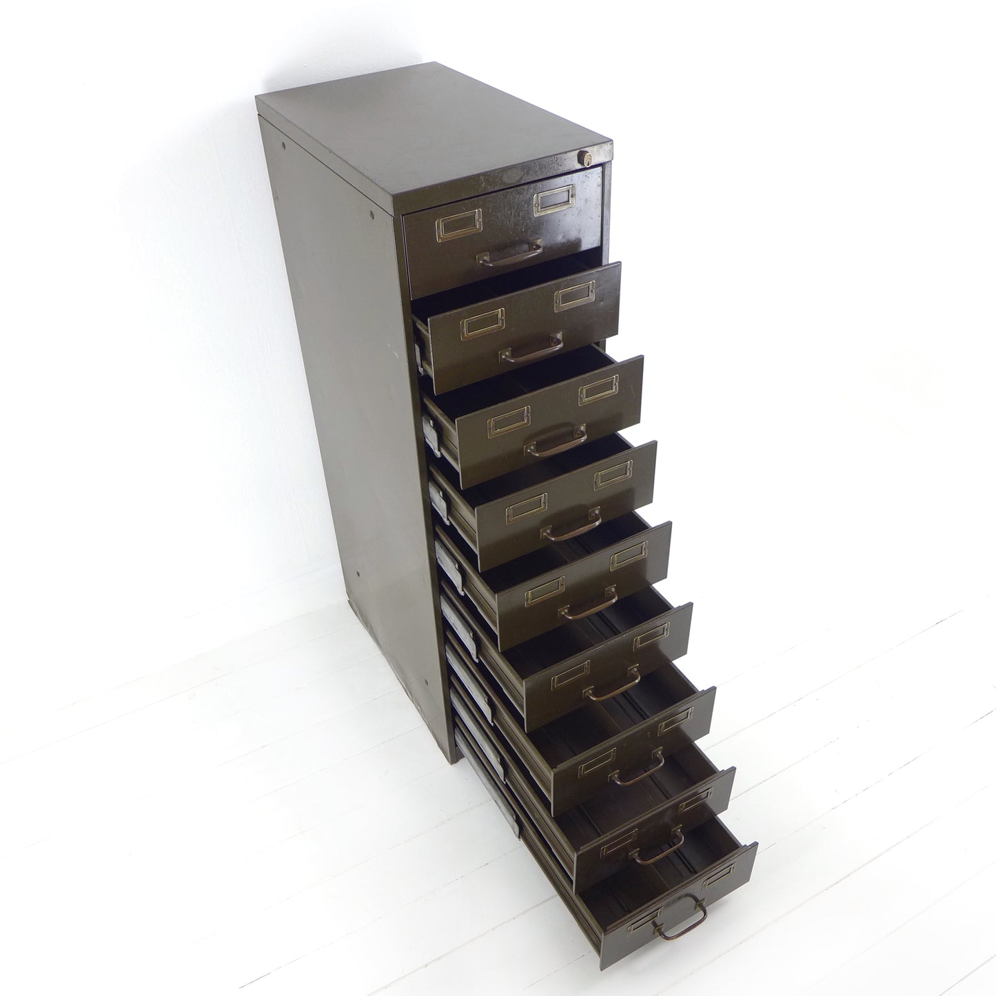 Vintage Metal Filing Cabinet by Artmetal - Brass Fittings - Industrial 9 Narrow Drawers in Green