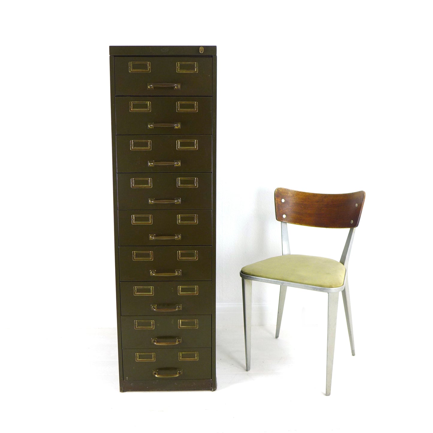 Vintage Metal Filing Cabinet by Artmetal - Brass Fittings - Industrial 9 Narrow Drawers in Green