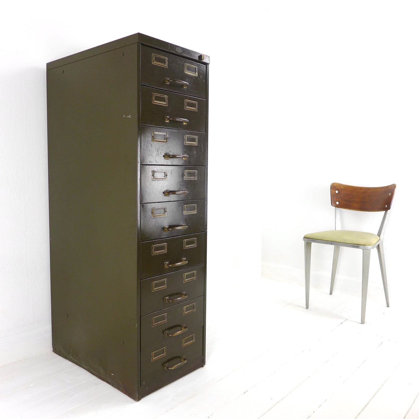 Vintage Metal Filing Cabinet by Artmetal - Brass Fittings - Industrial 9 Narrow Drawers in Green