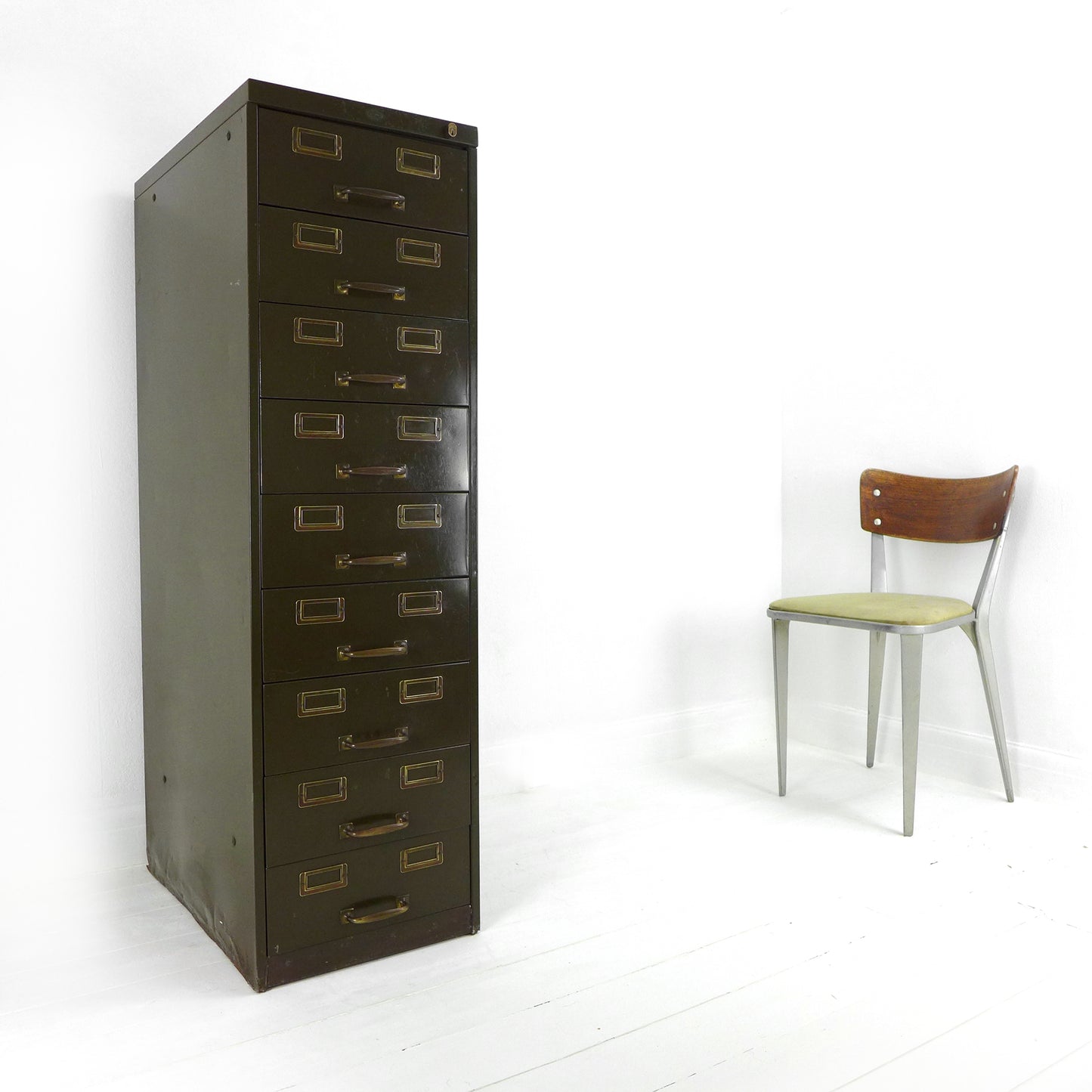 Vintage Metal Filing Cabinet by Artmetal - Brass Fittings - Industrial 9 Narrow Drawers in Green