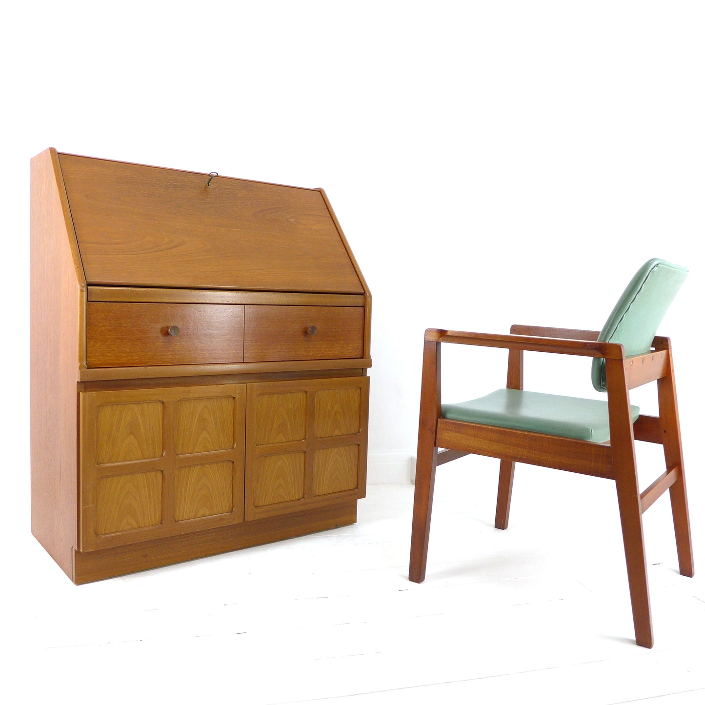 Mid Century Military Teak Armchair / Desk Chair in Arsenic Green Vintage MOD