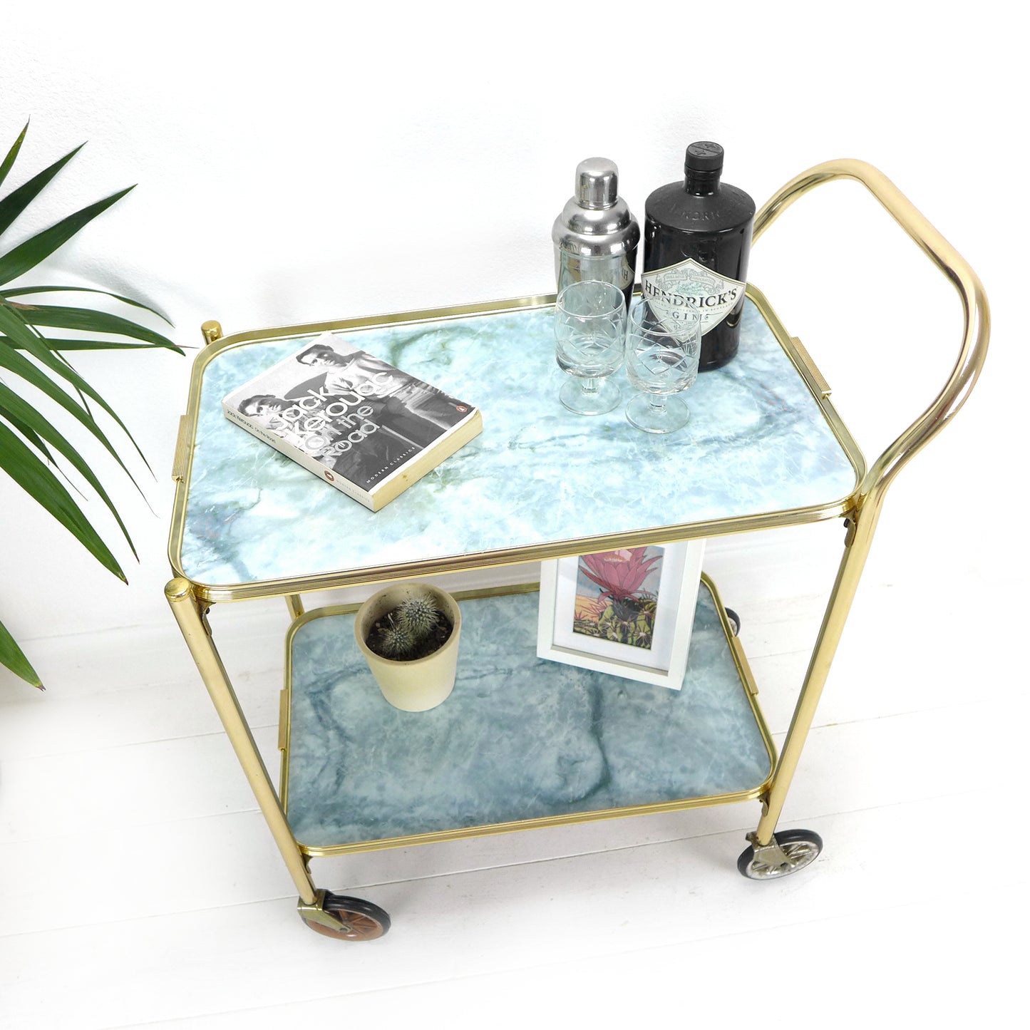 Mid Century Drinks Trolley - Vintage Bar/Drinks Cart on Wheels - Gold Metal/Brass