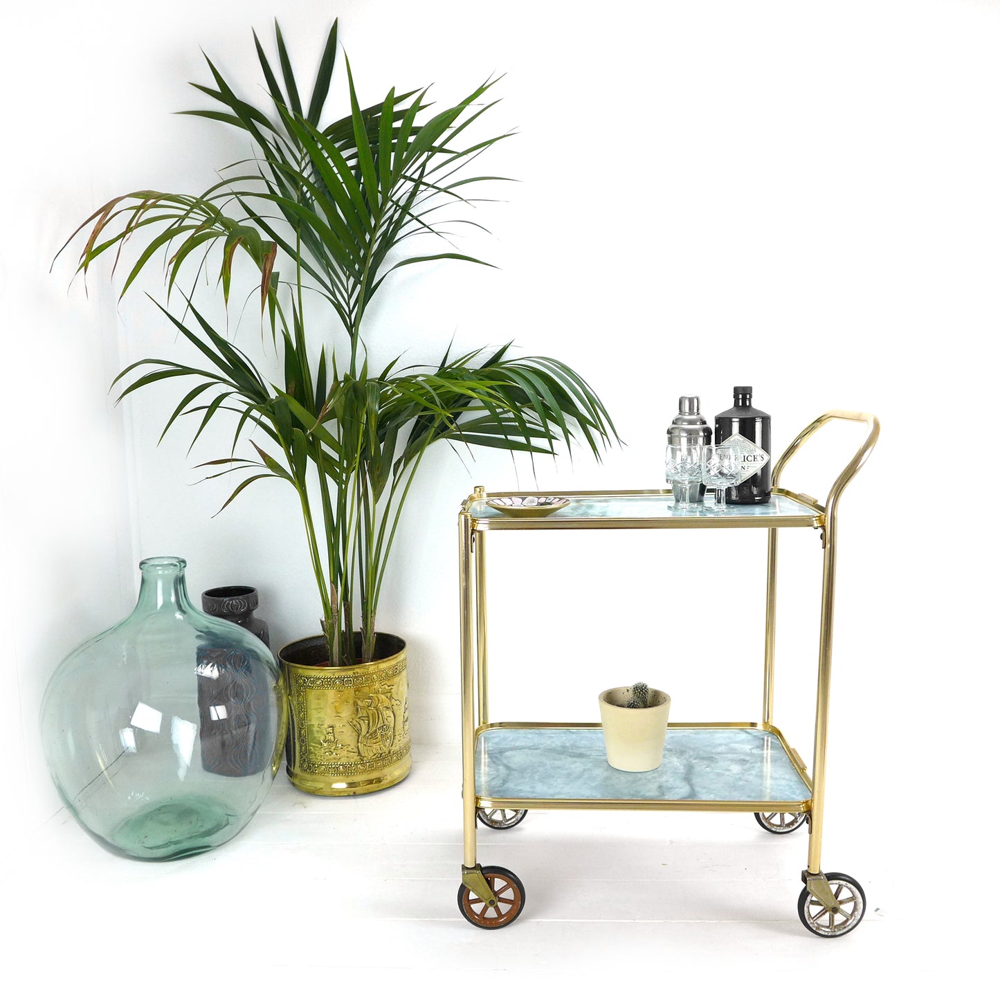 Mid Century Drinks Trolley - Vintage Bar/Drinks Cart on Wheels - Gold Metal/Brass